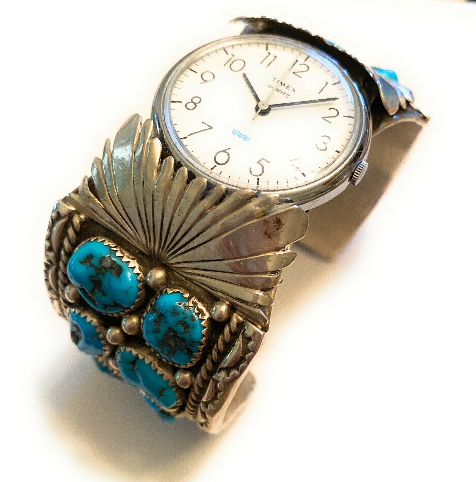 Handcrafted Vintage Turquoise & Sterling Silver Watch Cuff Signed