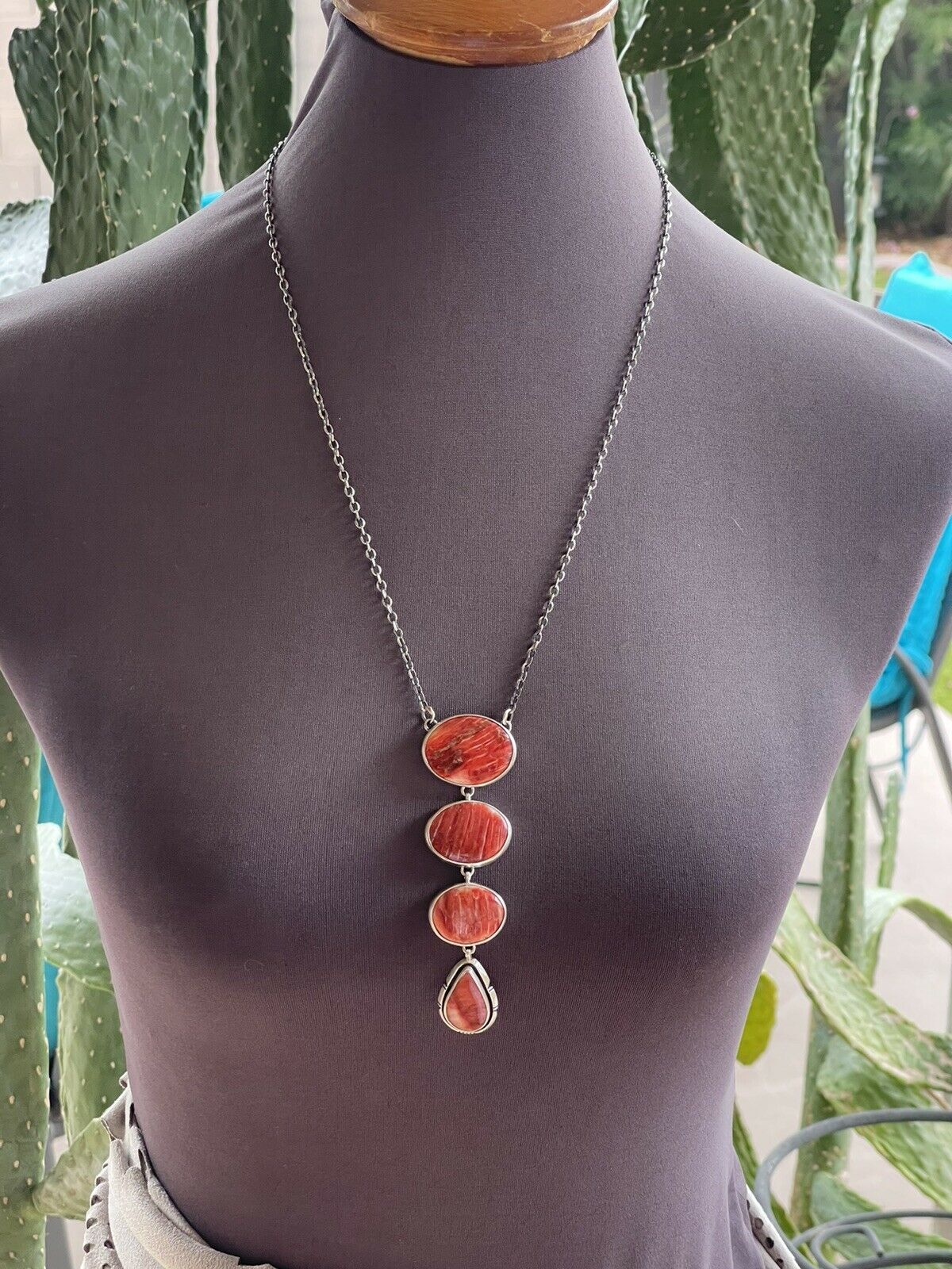 Handcrafted Orange Drop Spiny Sterling Silver Lariat Necklace