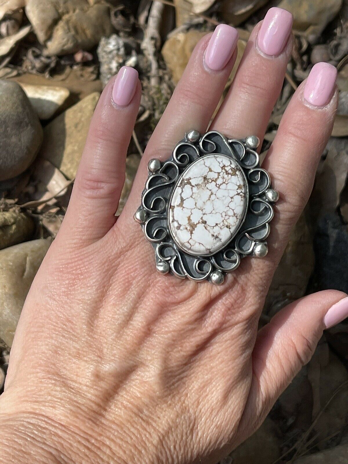 Handcrafted Swirl Statement Sterling Silver Wild Horse Oval Ring Sz 6