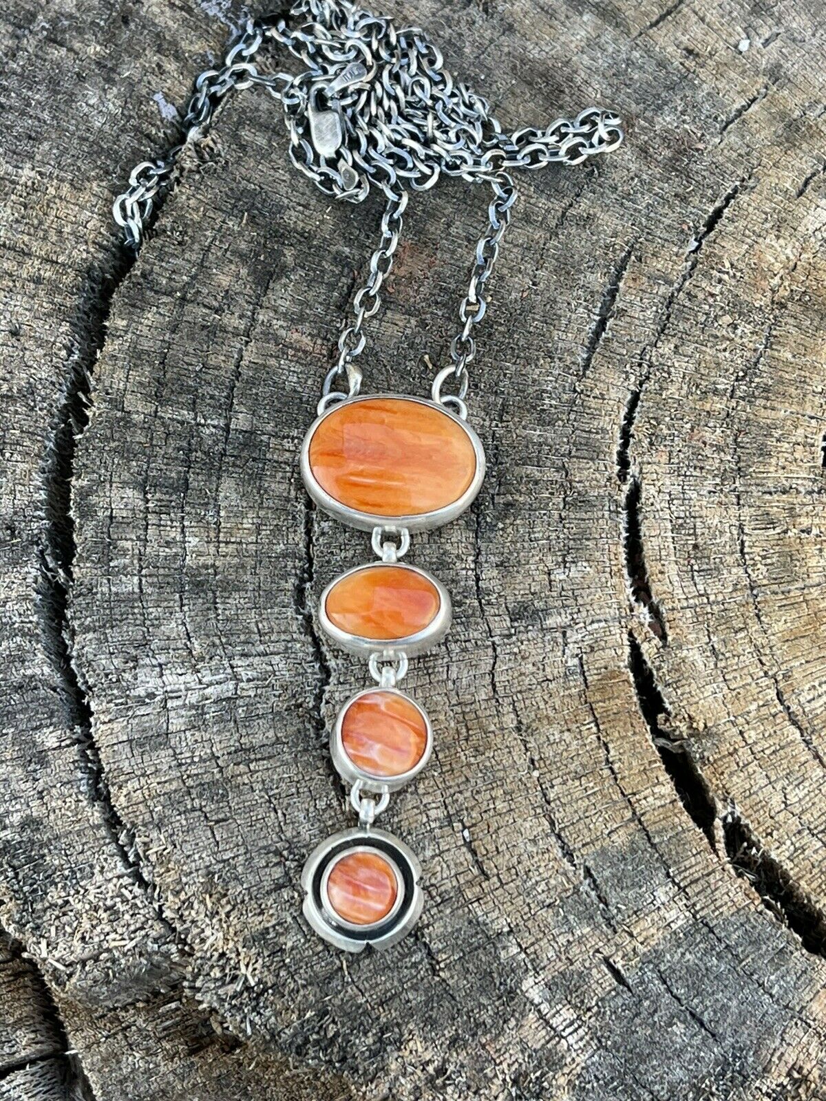 Handcrafted Orange Spiny Circle & Sterling Silver 4 Stone Lariat Necklace