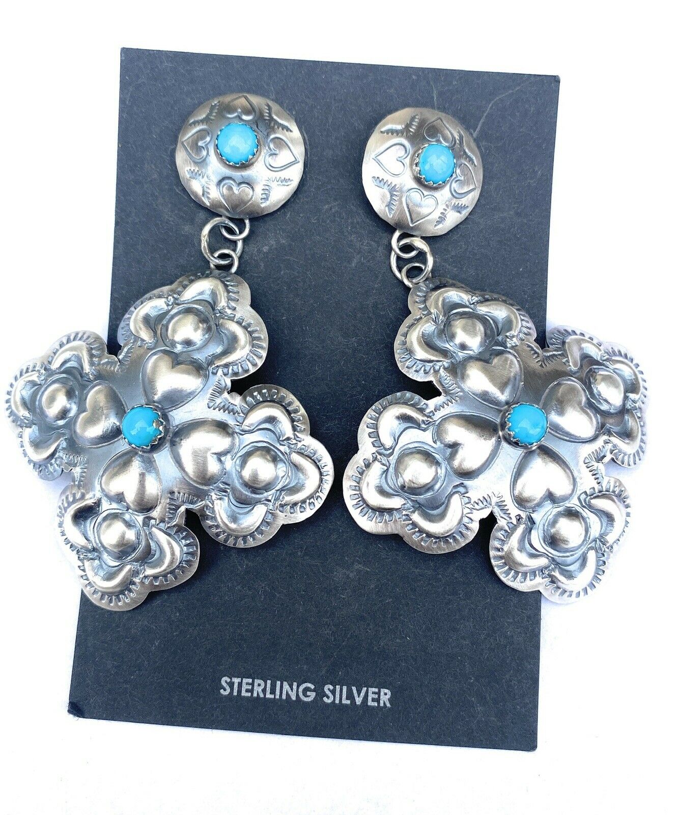 Handcrafted Turquoise & Sterling Silver Concho Cross Dangle Earrings By Tim Yazzie