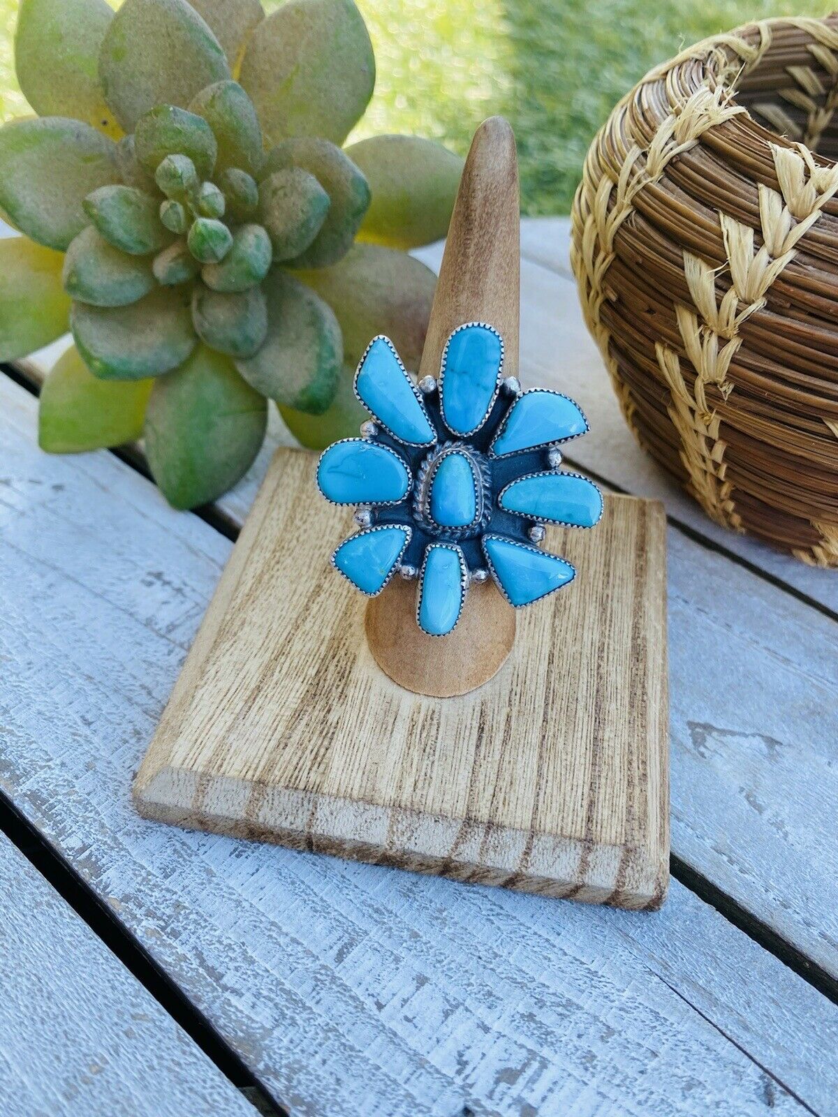 Handcrafted Turquoise & Sterling Silver Cluster Ring Size 7