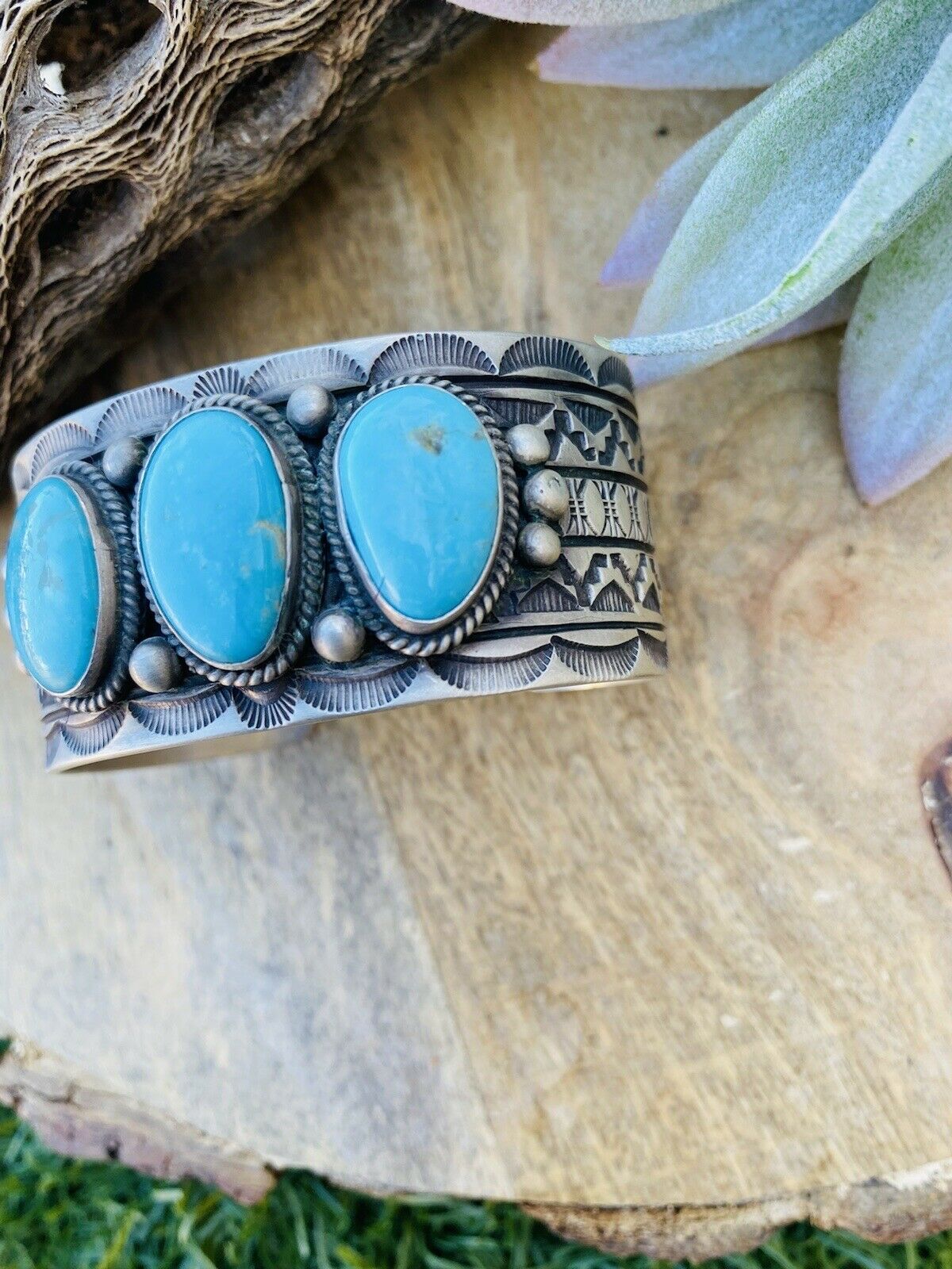 Handcrafted Vintage Turquoise & Sterling Silver Hand Stamped Cuff Bracelet /