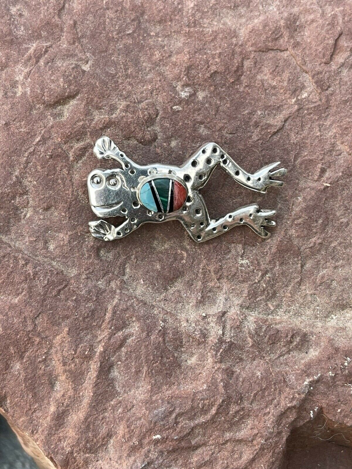 Handcrafted Sterling Silver Multi Stone Leap Frog Pendant Pin Signed