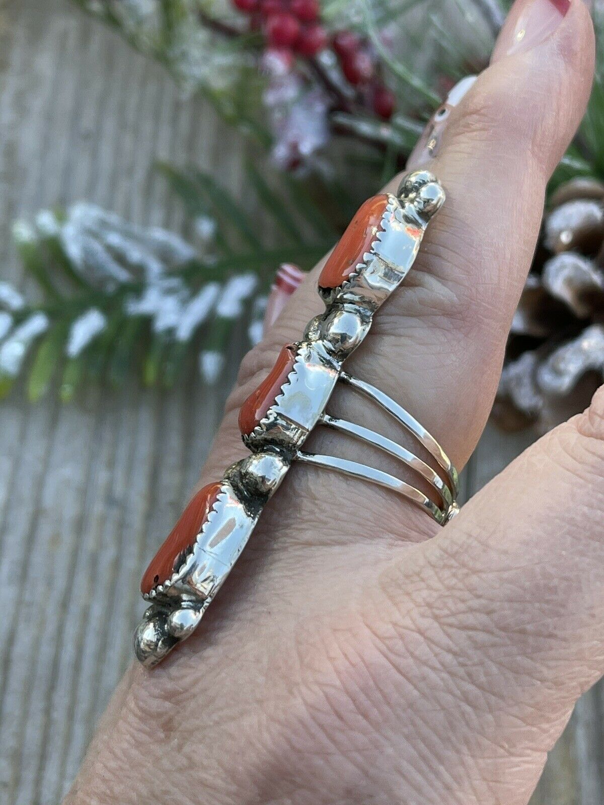 Handcrafted Sterling Silver Natural Coral Three Stone RIng Sz 5.5