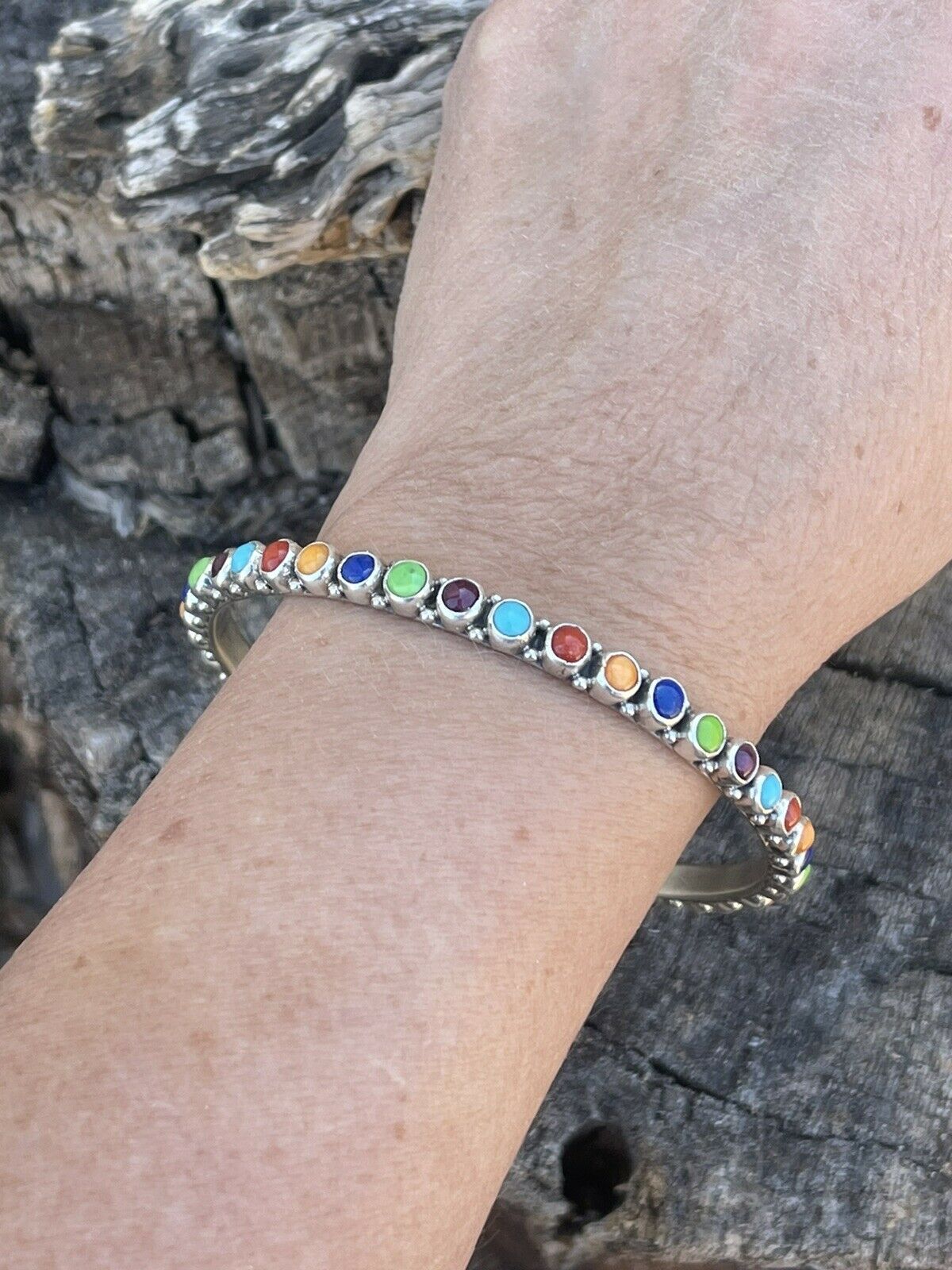 Handcrafted Multi Stone Rainbow Sterling Silver Bangle Signed