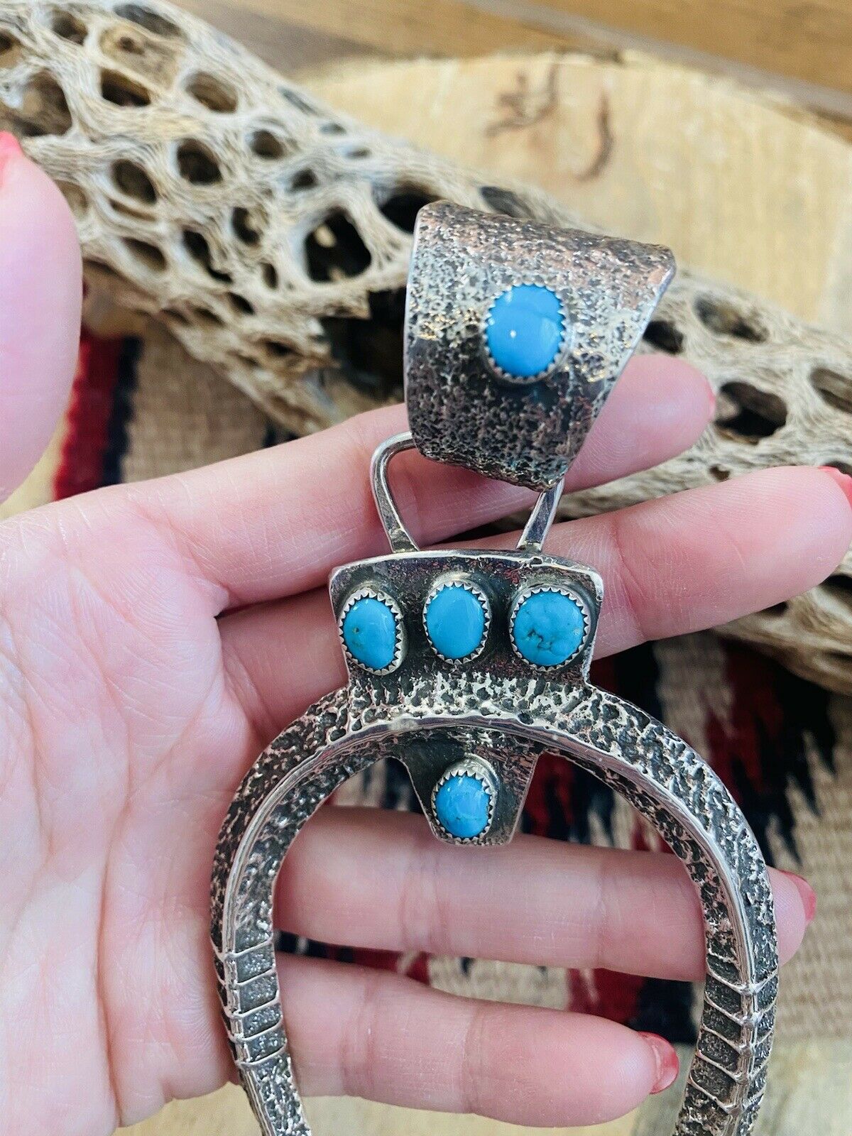 Handcrafted Sterling Silver & Kingman Turquoise Naja Pendant Signed