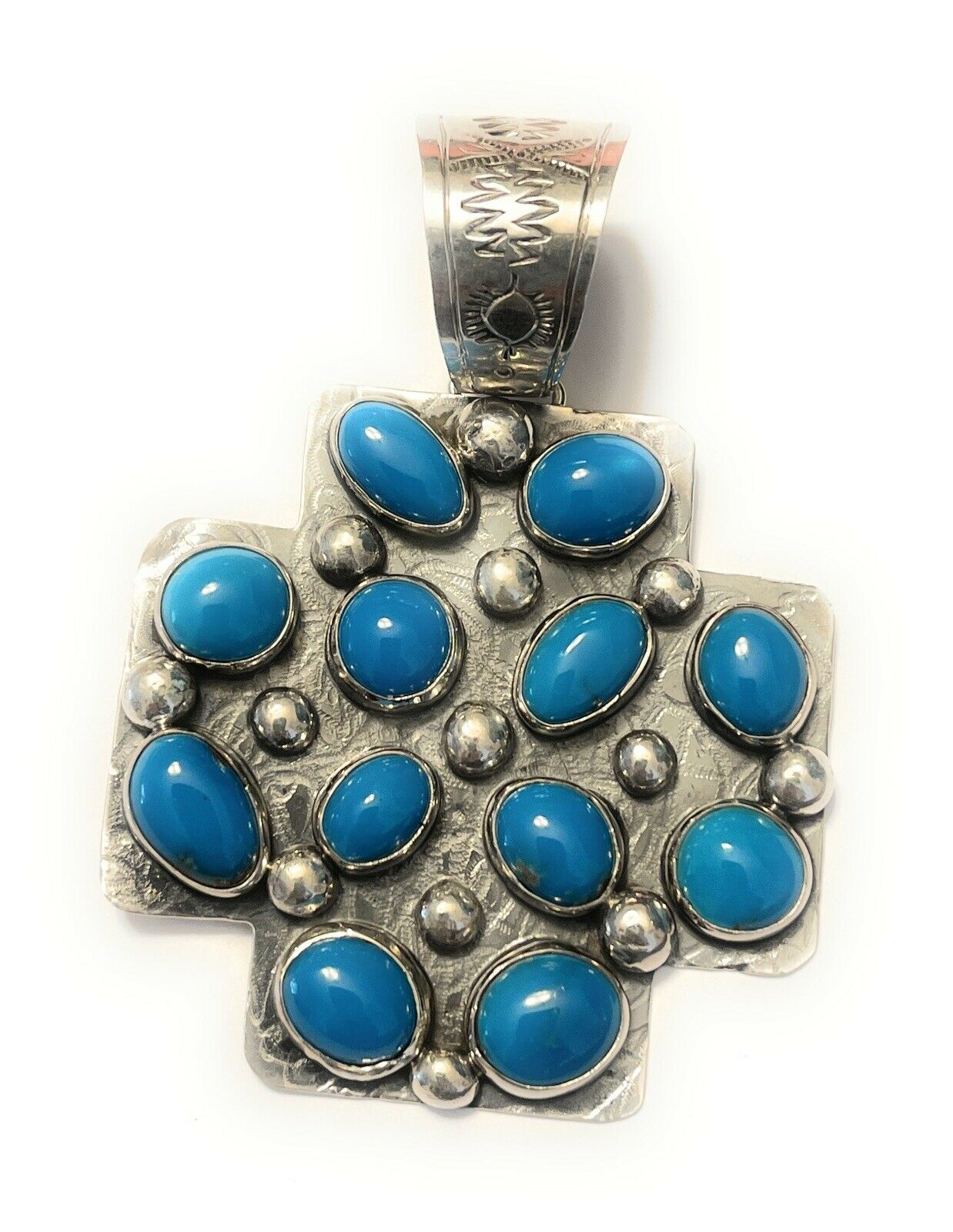 Handcrafted Mountain Blue Turquoise & Sterling Silver Southwest Cross Pendant Signed