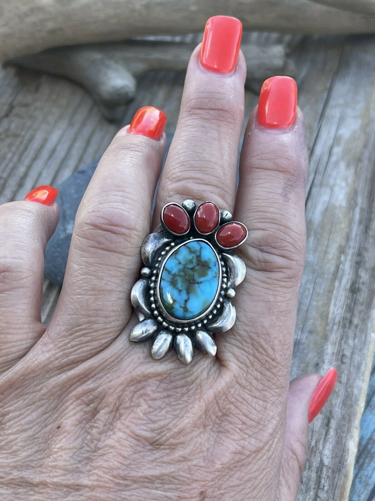 Handcrafted Sterling Silver Kingman Web Turquoise & Red Coral Taos Collection Ring Sz 6