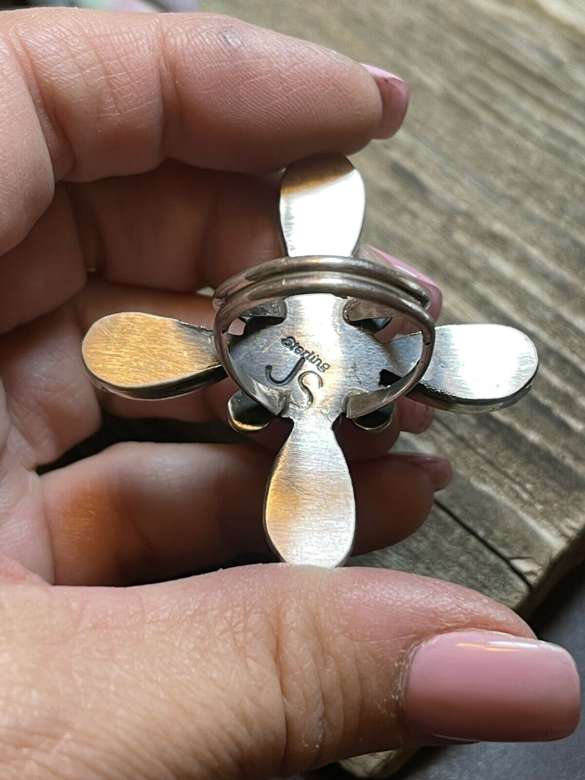 Handcrafted Sterling Silver & Royston Turquoise Scroll Petal Ring Size 7 Signed