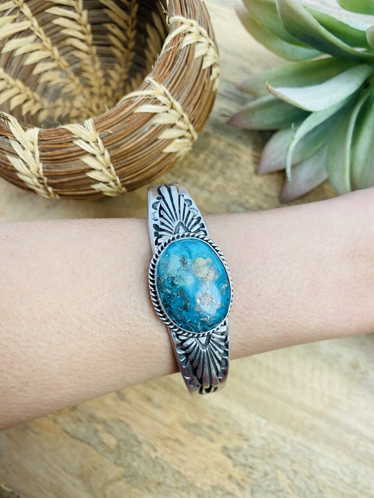 Handcrafted Sterling Silver & Royston Turquoise Cuff Bracelet Signed