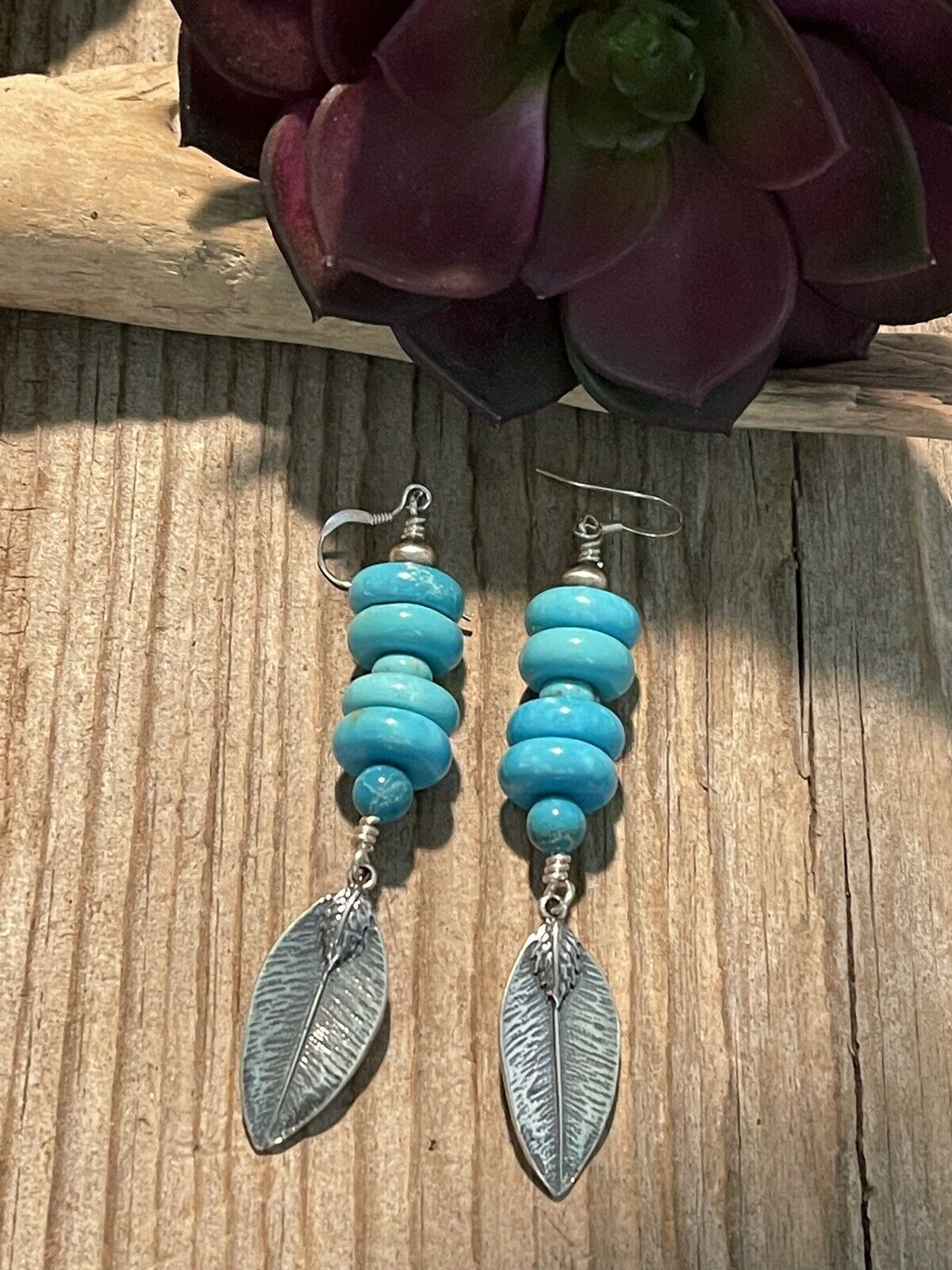 Handcrafted Sterling Silver & Blue Turquoise Leaf Dangle Earrings