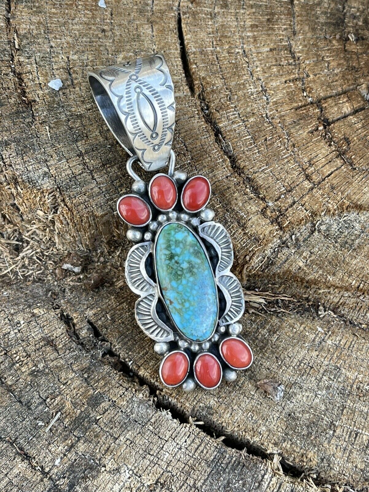 Handcrafted Sterling Kingman Web Turquoise & Red Coral Pendant Taos Collection