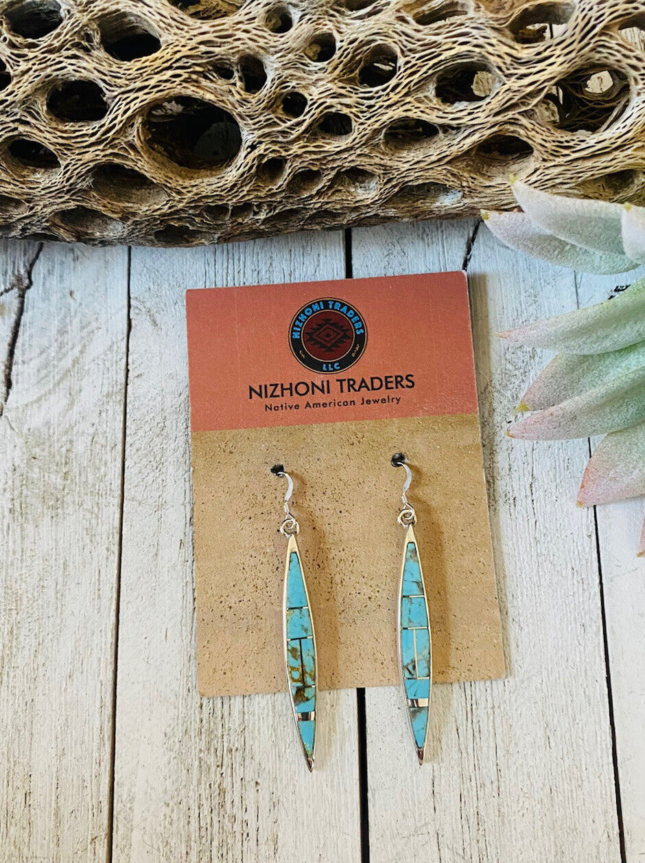 Handcrafted Number 8 Turquoise And Sterling Silver Inlay Dangle Earrings