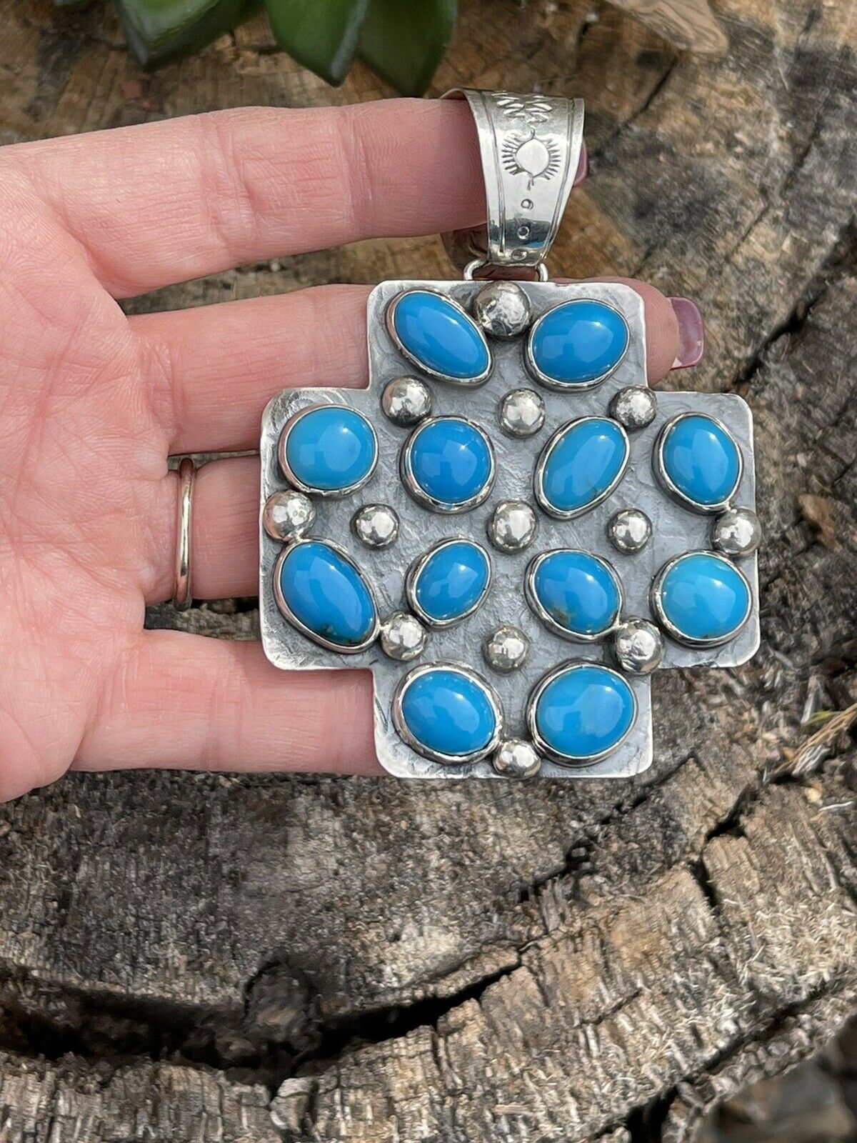 Handcrafted Mountain Blue Turquoise & Sterling Silver Southwest Cross Pendant Signed