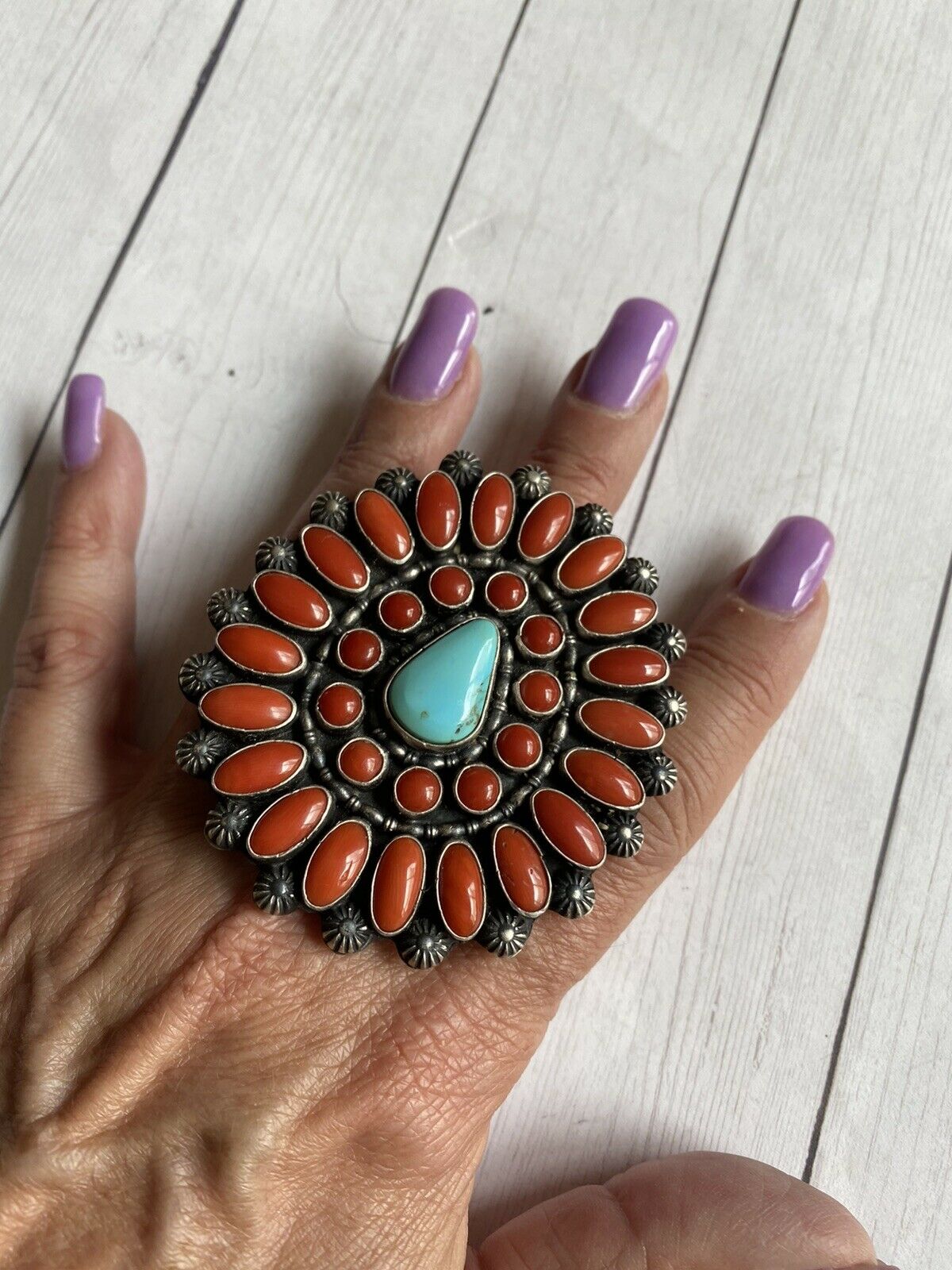 Shawn Cayatenito Sterling Silver Turquoise & Coral Statement Ring Size 8 Signed
