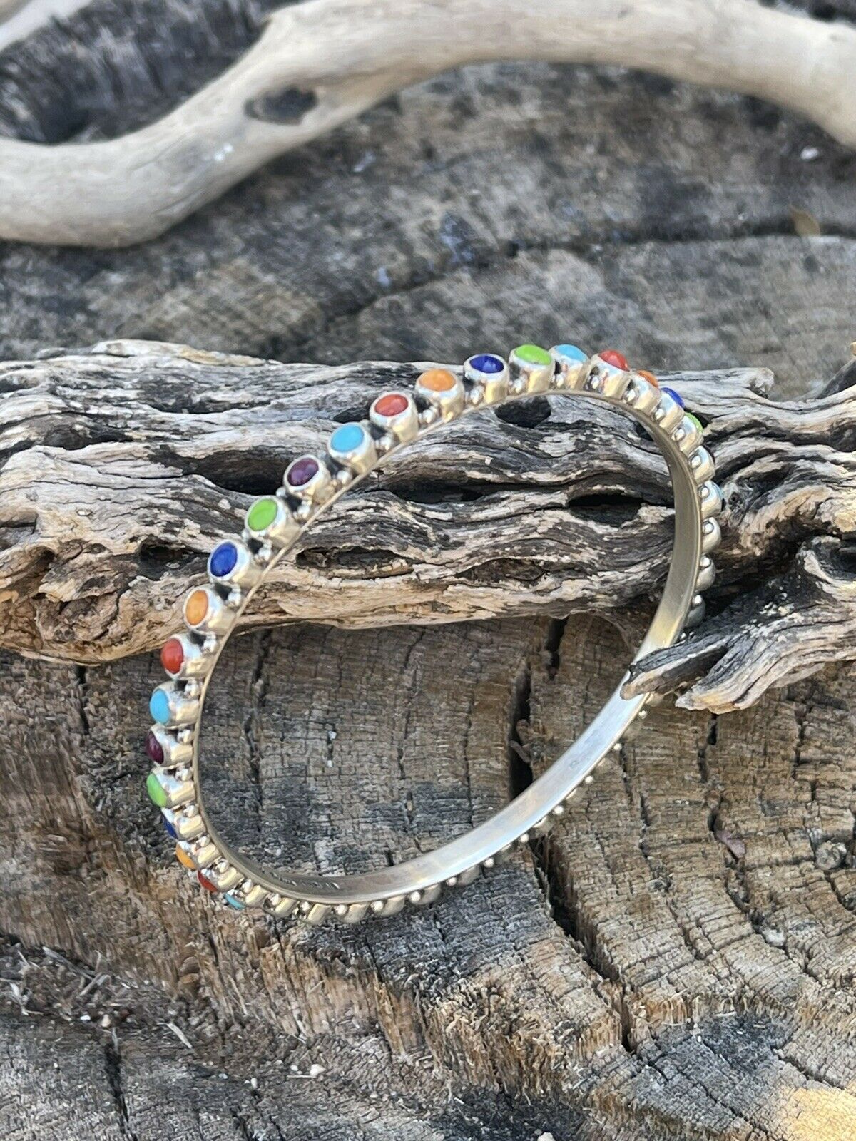 Handcrafted Multi Stone Rainbow Sterling Silver Bangle Signed