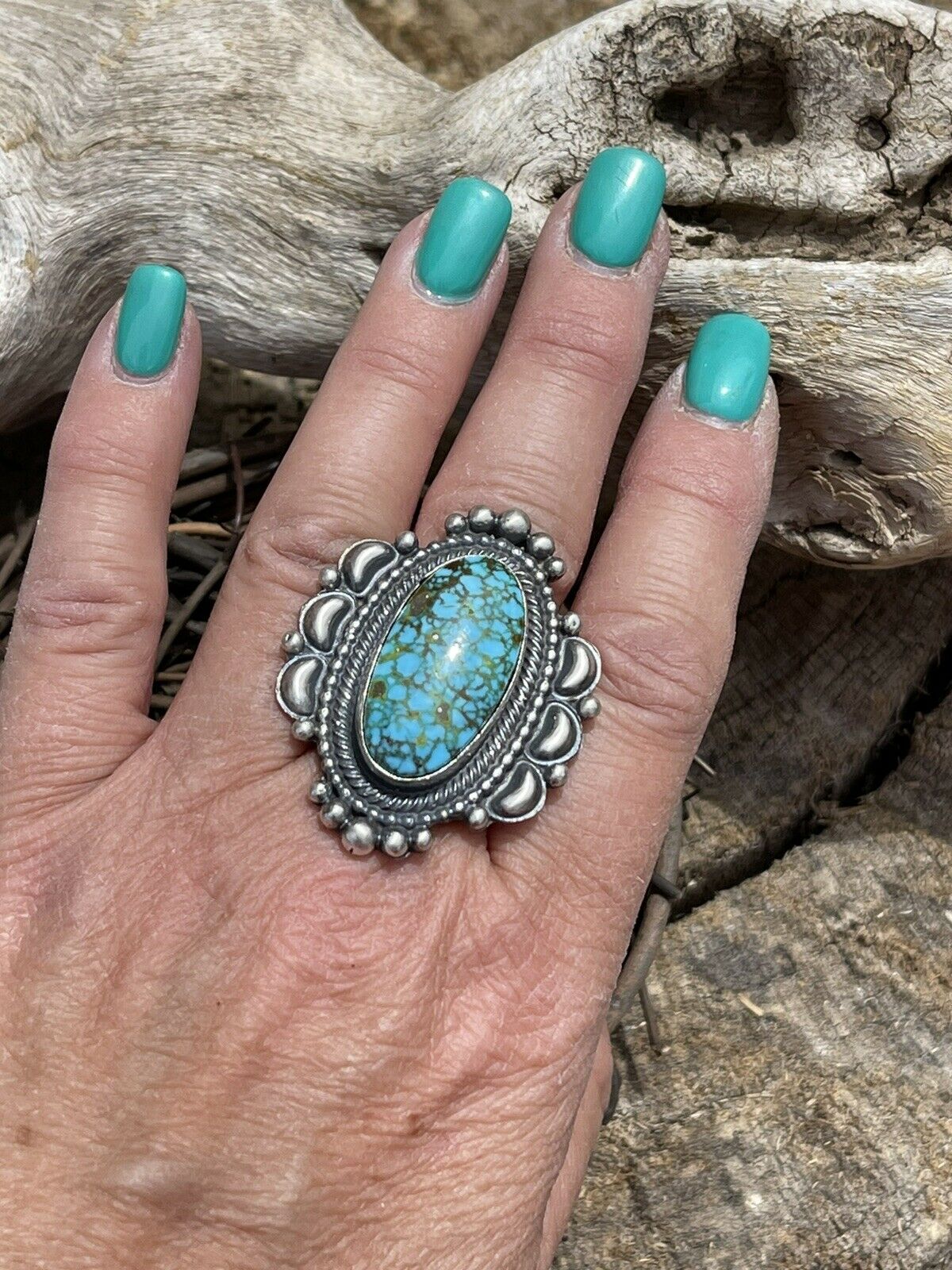Handcrafted Sonoran Mountain Turquoise & Sterling Silver Statement Ring Size 8