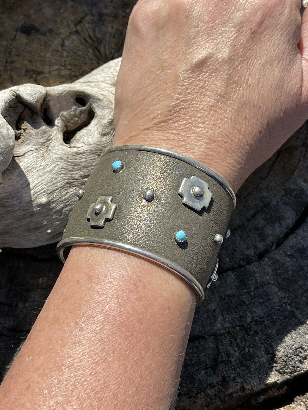 Handcrafted Sterling Silver Cross Bracelet Cuff With Turquoise Accent Stones Signed /