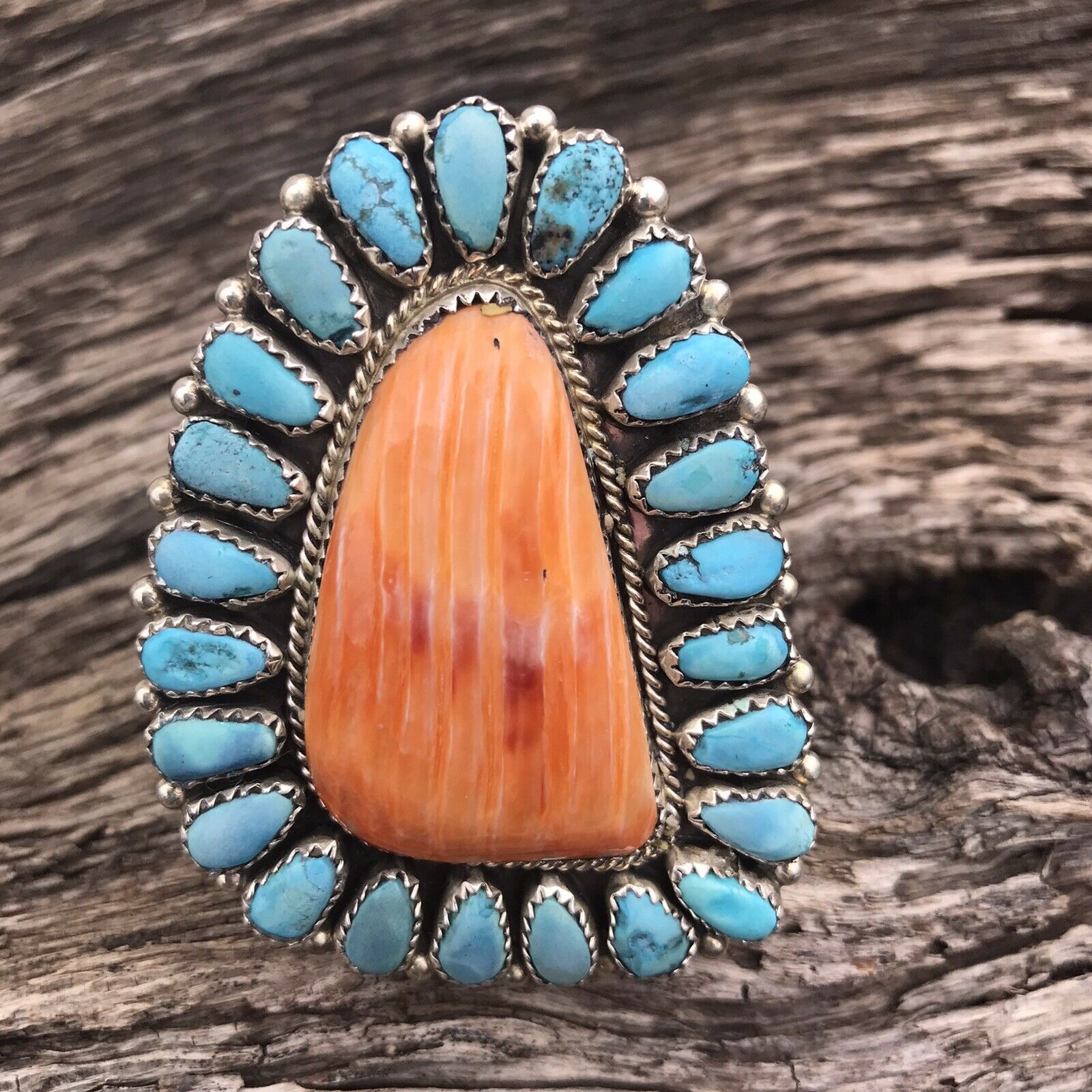 Handcrafted Sterling Silver, Turquoise & Orange Spiny Oyster Ring Sz 8