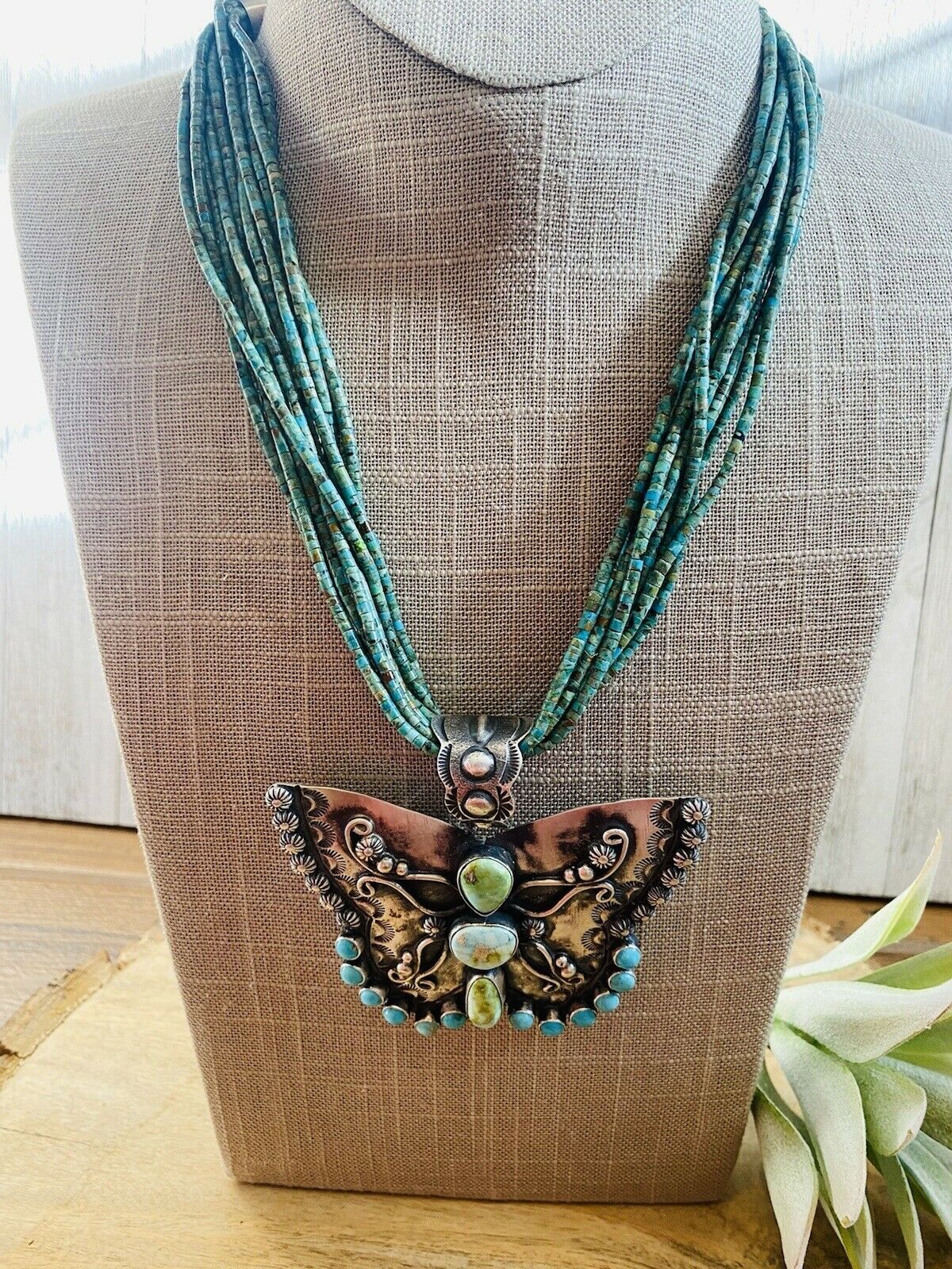 Handcrafted Sonoran Mountain Turquoise & Sterling Silver Butterfly Necklace Signed