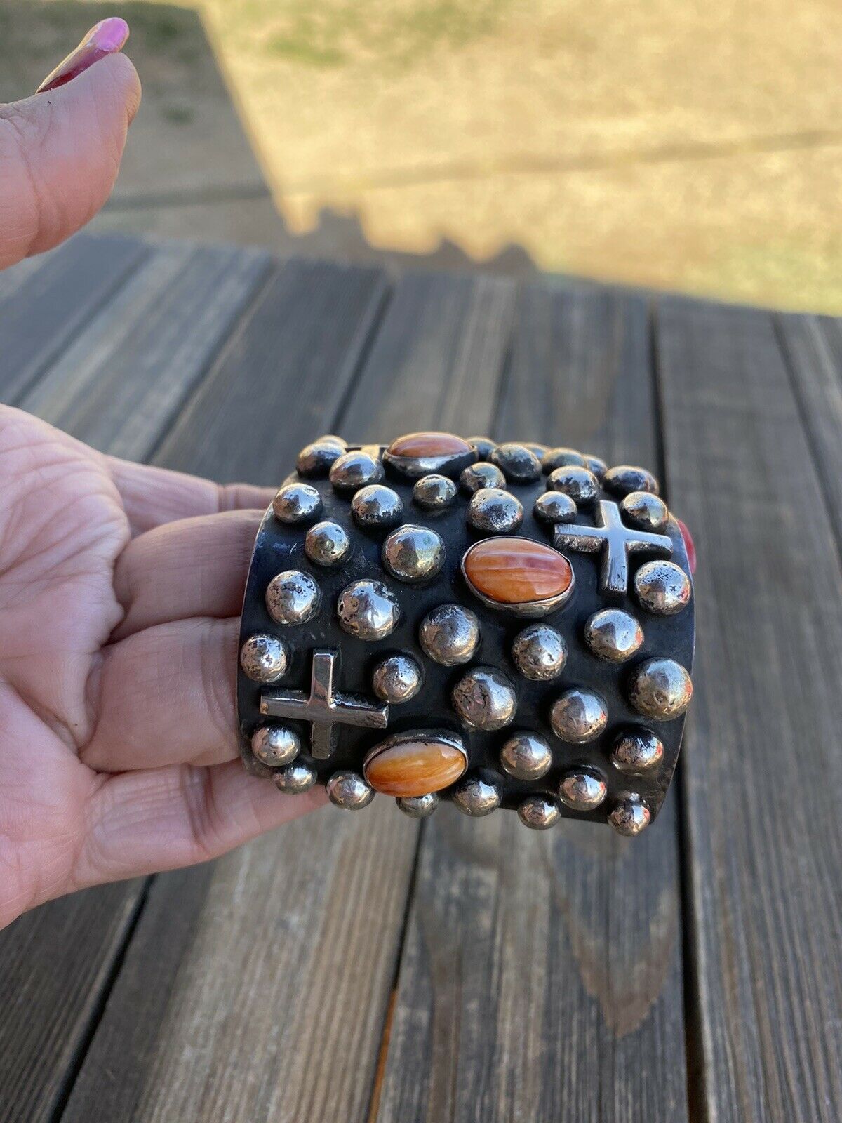 Handcrafted Sterling Silver & Orange Spiny Cross Bracelet By Chimney Butte Signed