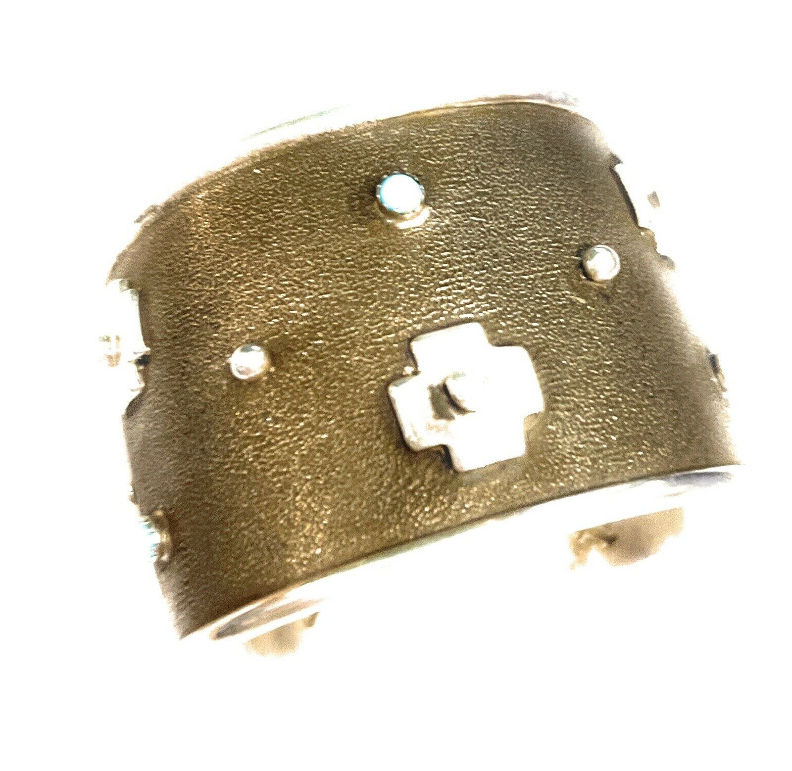 Handcrafted Sterling Silver Cross Bracelet Cuff With Turquoise Accent Stones Signed /