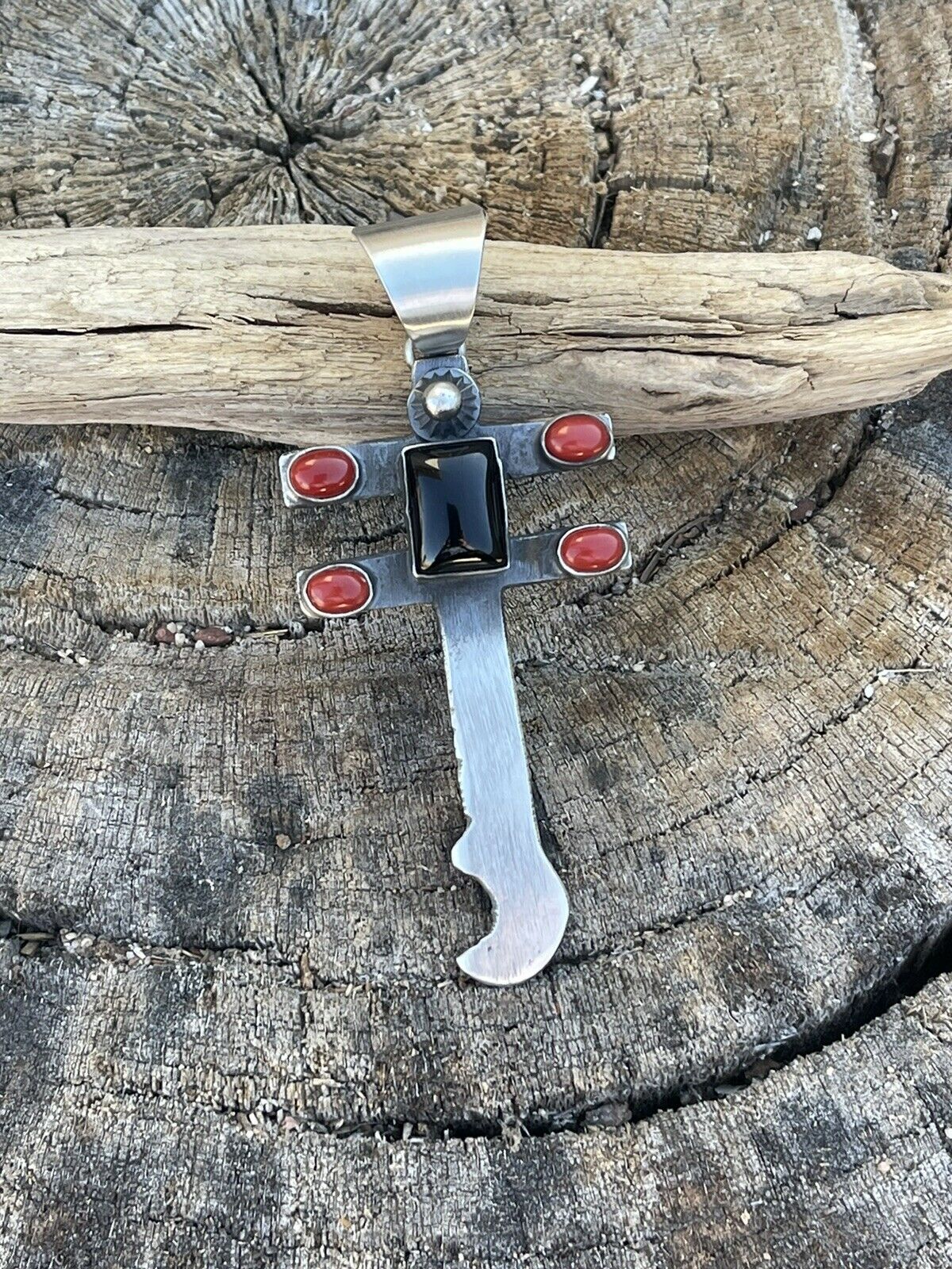 Handcrafted Sterling Silver Black Onyx and Coral Dragonfly Pendant By Chimney Butte