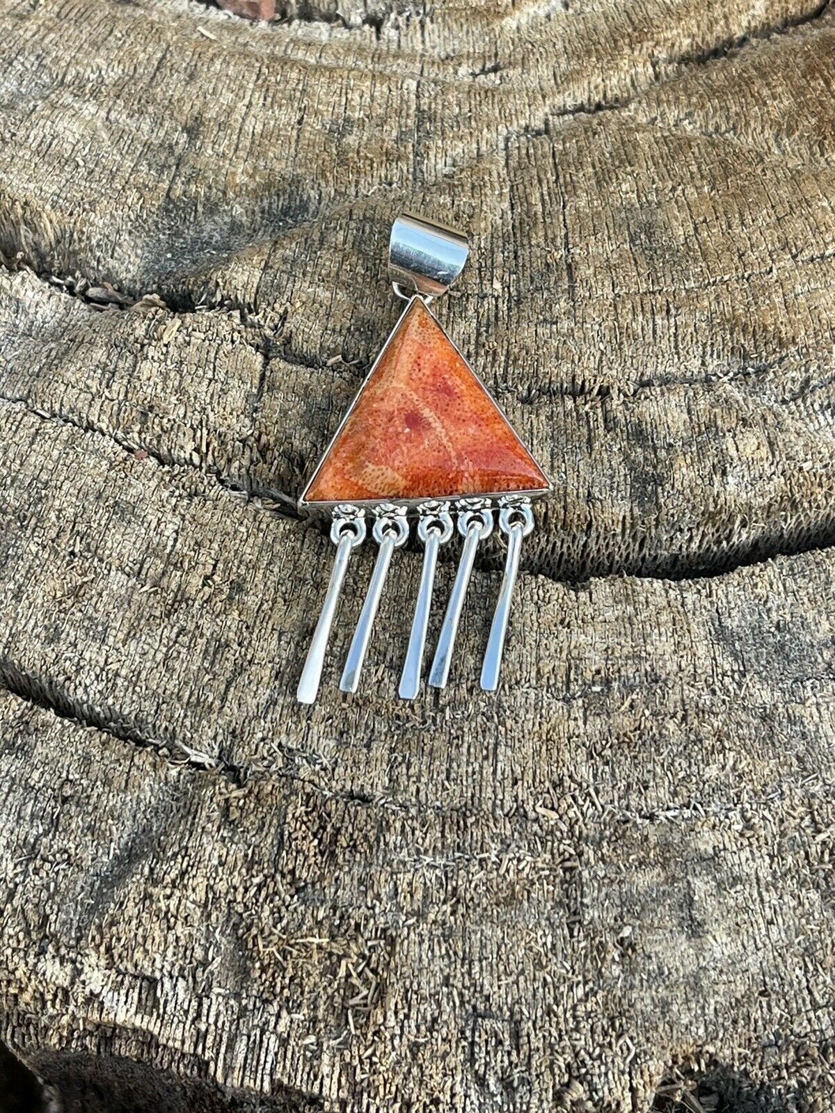 Handcrafted Sterling Silver Orange Spiny TrIangle Fringe Pendant Signed