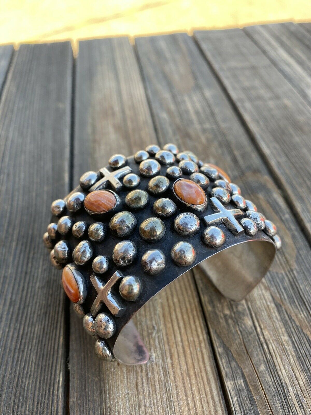 Handcrafted Sterling Silver & Orange Spiny Cross Bracelet By Chimney Butte Signed