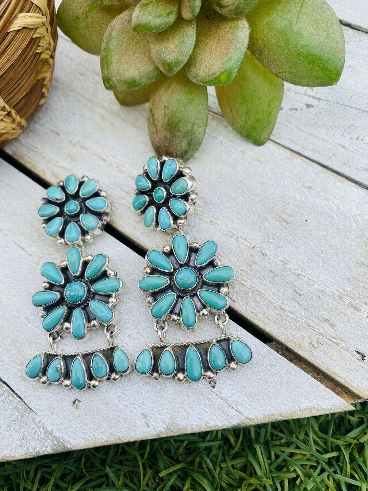 Handcrafted Turquoise and Sterling Silver Cluster Dangle Post Earrings
