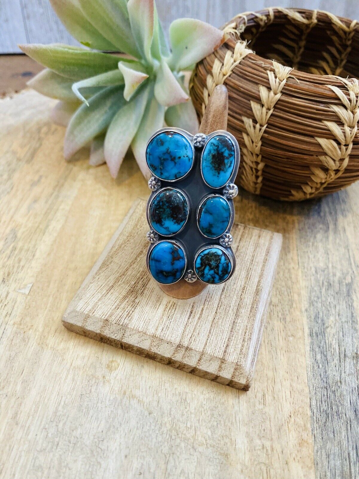 Handcrafted Kingman Turquoise & Sterling Silver Adjustable Ring Signed