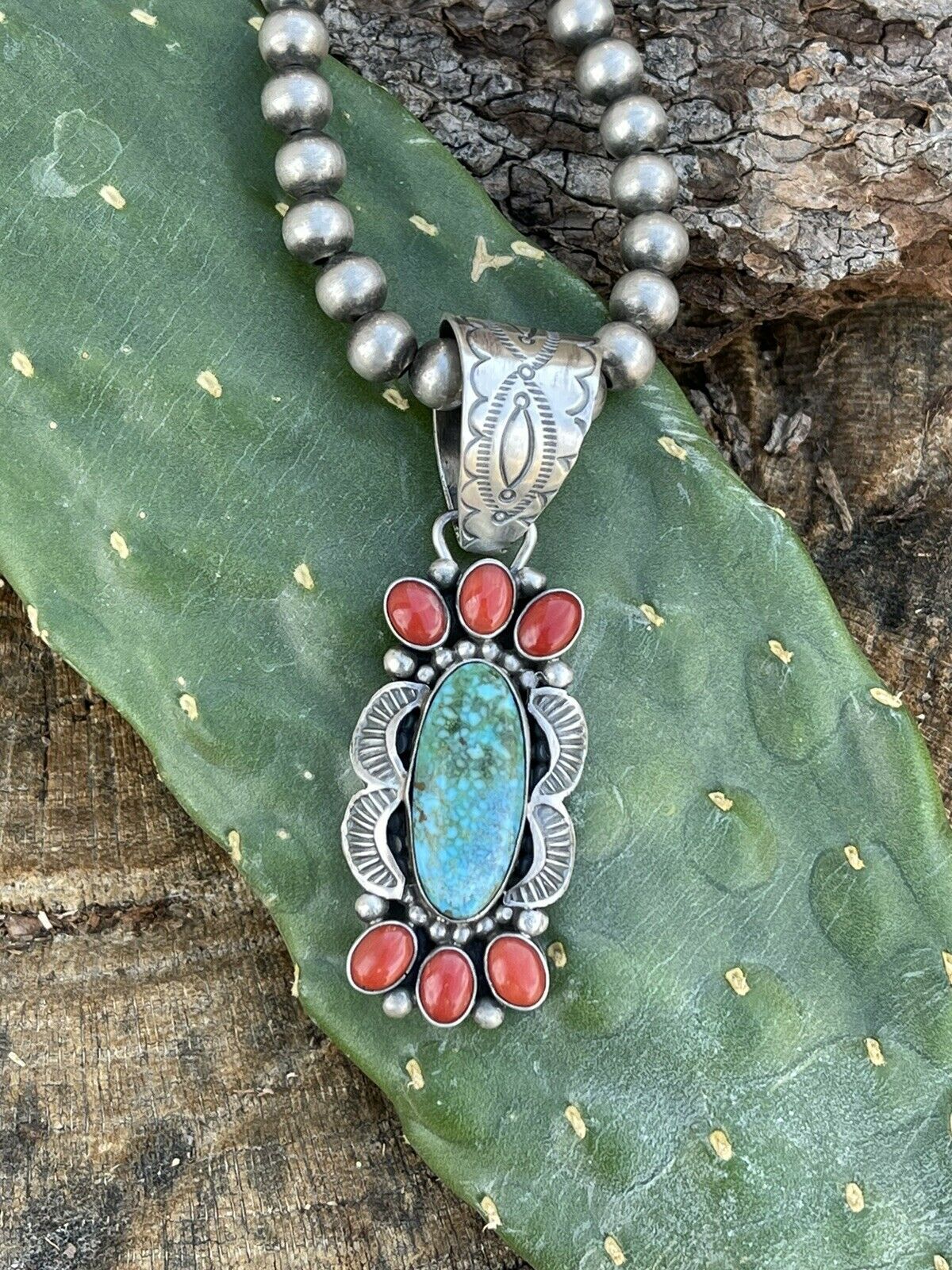 Handcrafted Sterling Kingman Web Turquoise & Red Coral Pendant Taos Collection