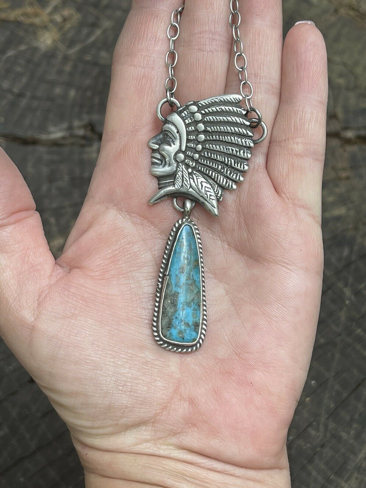 Handcrafted Sterling Silver Indian Chief Royston Turquoise Drop Necklace
