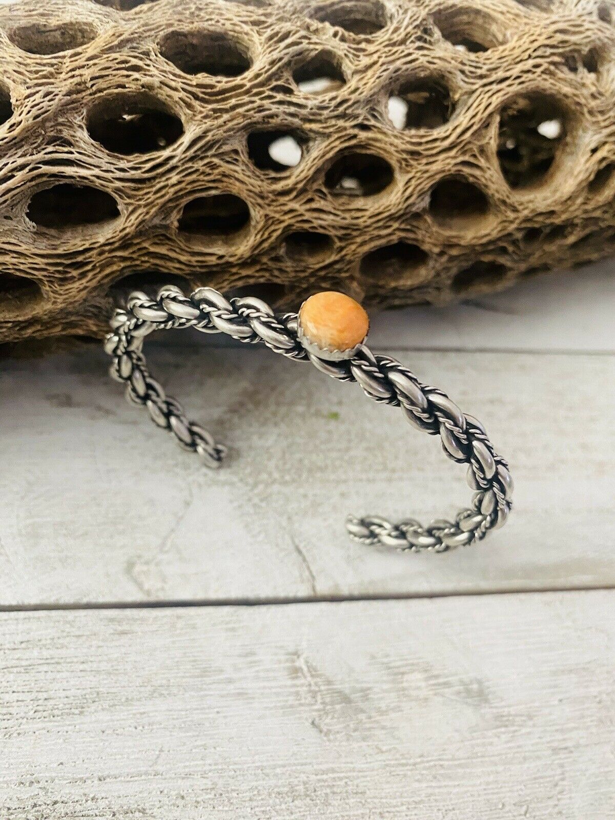 Handcrafted Sterling Cuff & Orange Spiny Twisted Cuff Bracelet