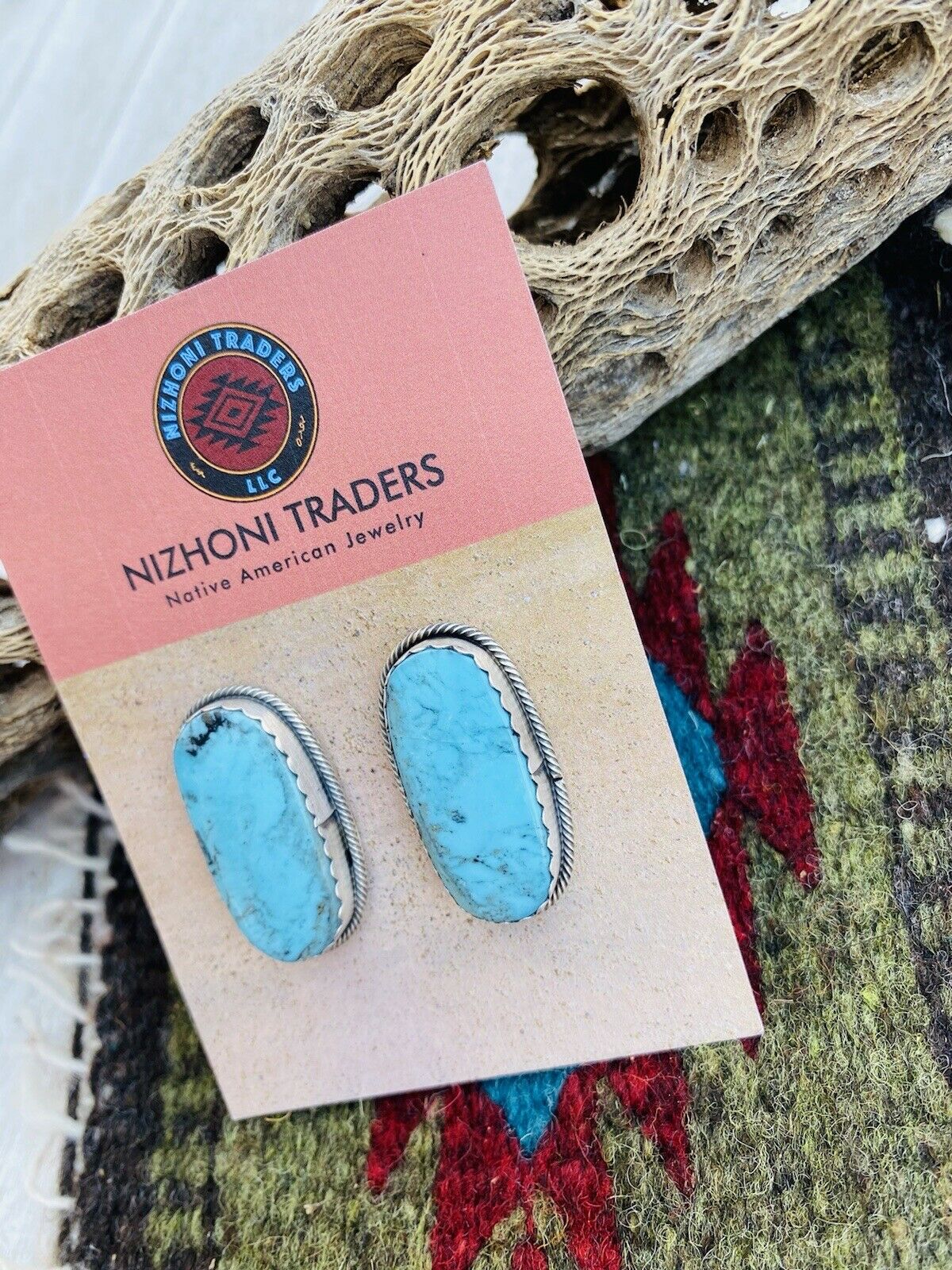 Handcrafted Turquoise & Sterling Silver Post Earrings Signed