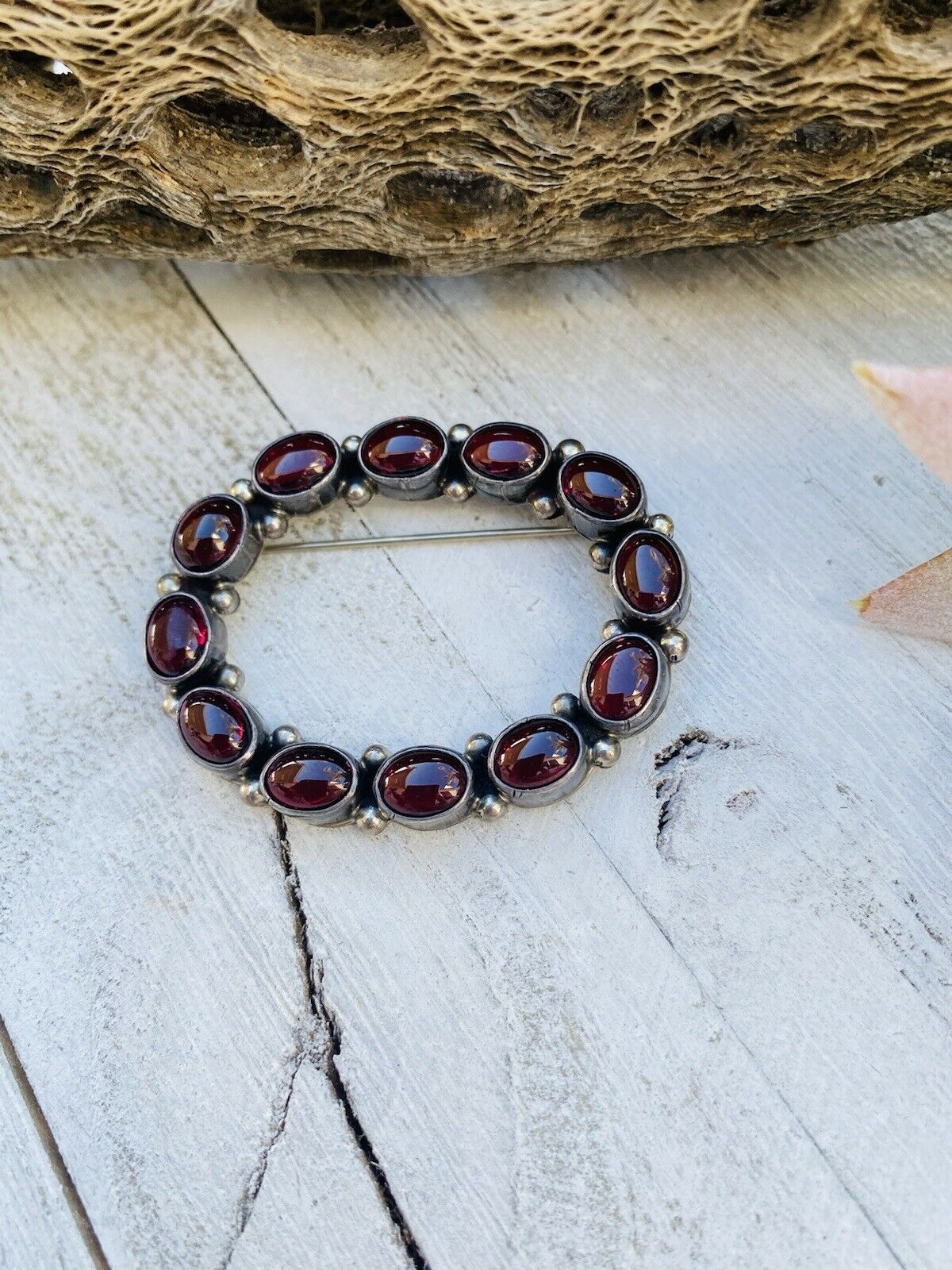 Handcrafted Vintage Garnet Sterling Silver Brooch Signed