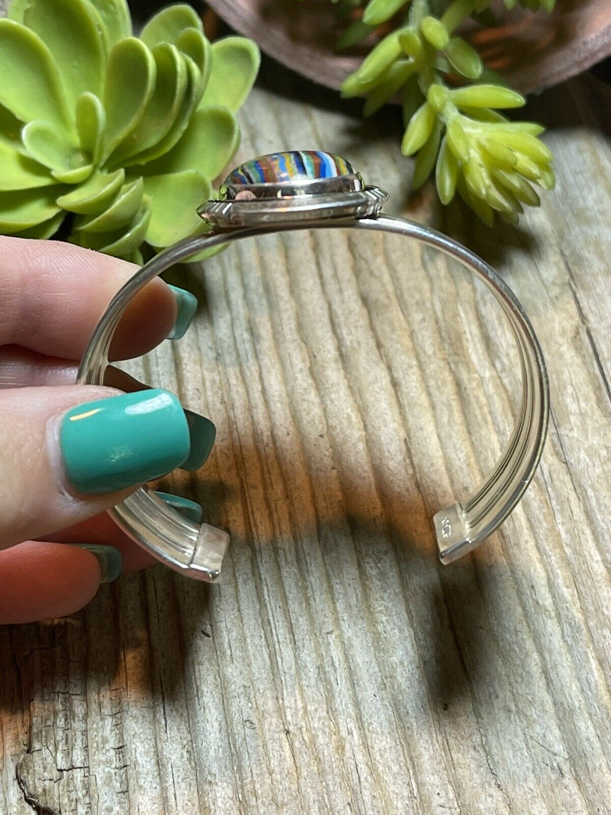 Handcrafted Sterling Silver & Rainbow Stone Signed Cuff Bracelet