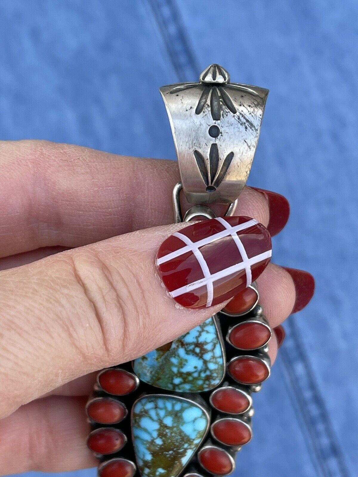 Handcrafted Sterling Silver 2 Stone Kingman Web Turquoise & Red Coral Taos Pendant