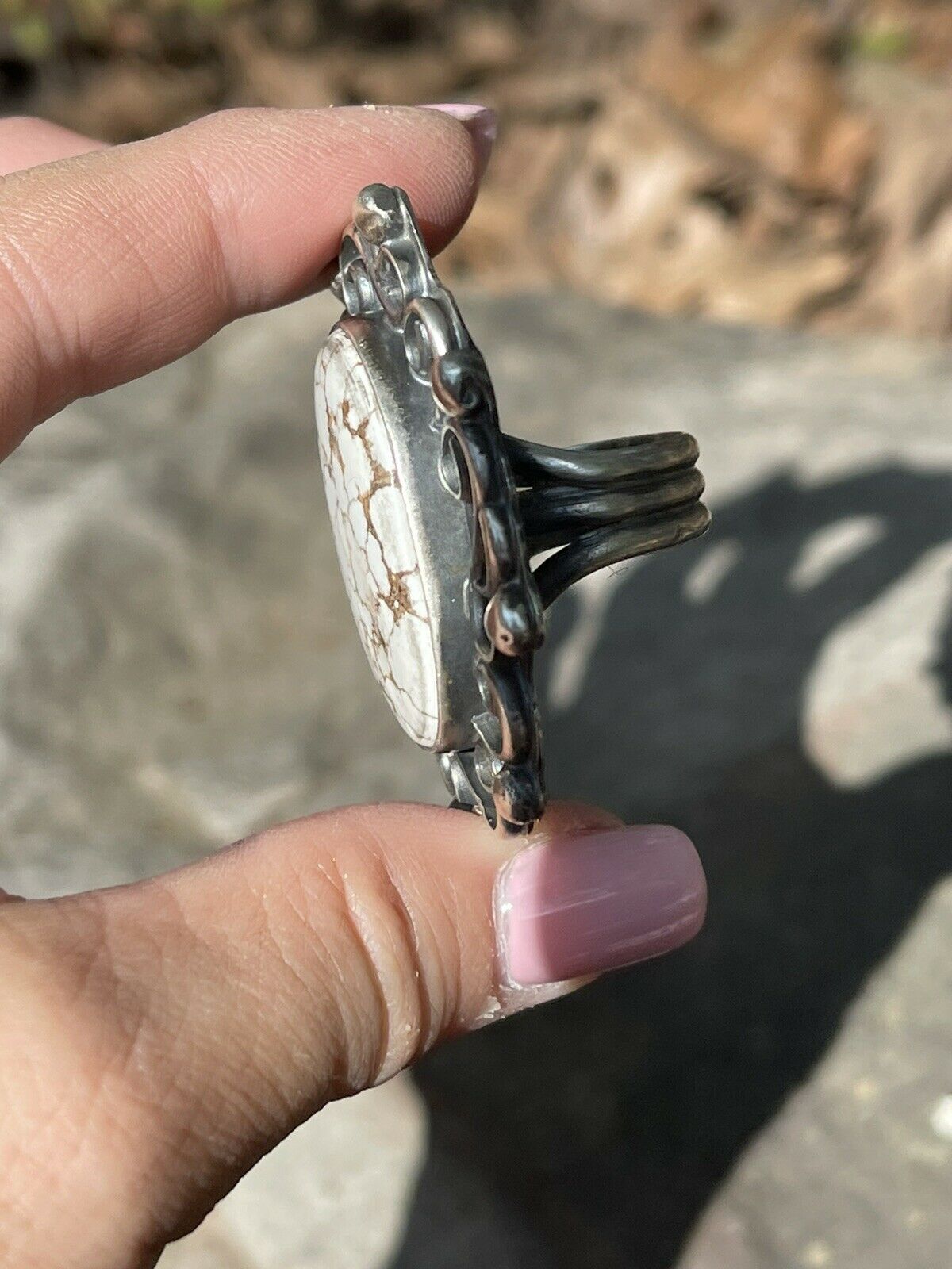 Handcrafted Swirl Statement Sterling Silver Wild Horse Oval Ring Sz 6