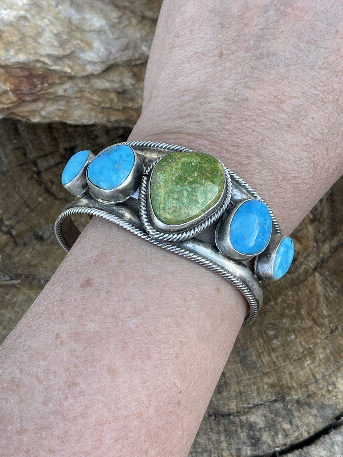 Navajo Sterling Sonoran Gold & Golden Hills Turquoise Cuff Bracelet Signed /