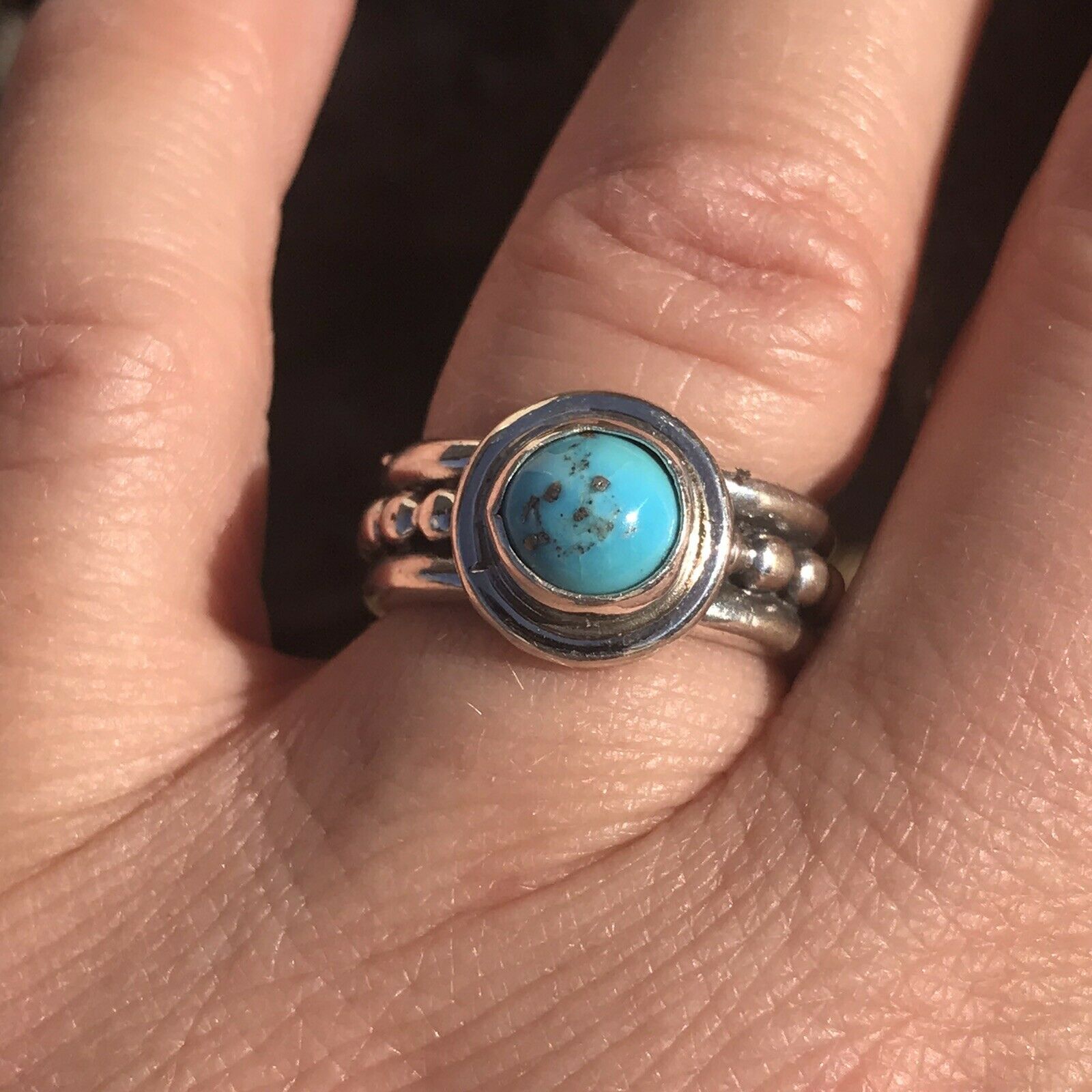 Handcrafted Kingman Turquoise & Sterling Silver Dotted Band Ring