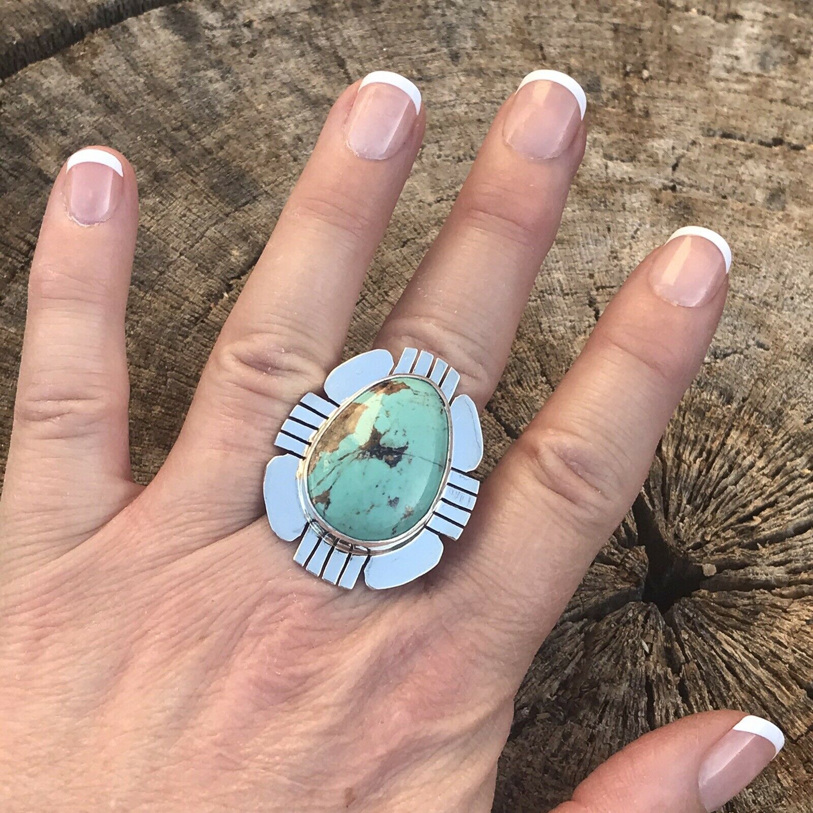 Handcrafted Royston Turquoise & Sterling Silver Ring Size 8 Stamped Sterling
