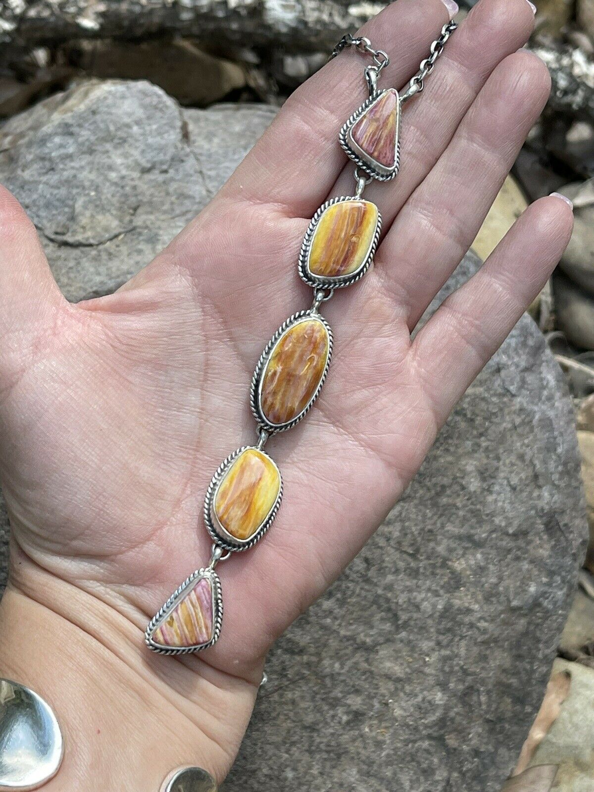 Handcrafted Spiny and Sterling 5 Stone Multi Shape Lariat Necklace