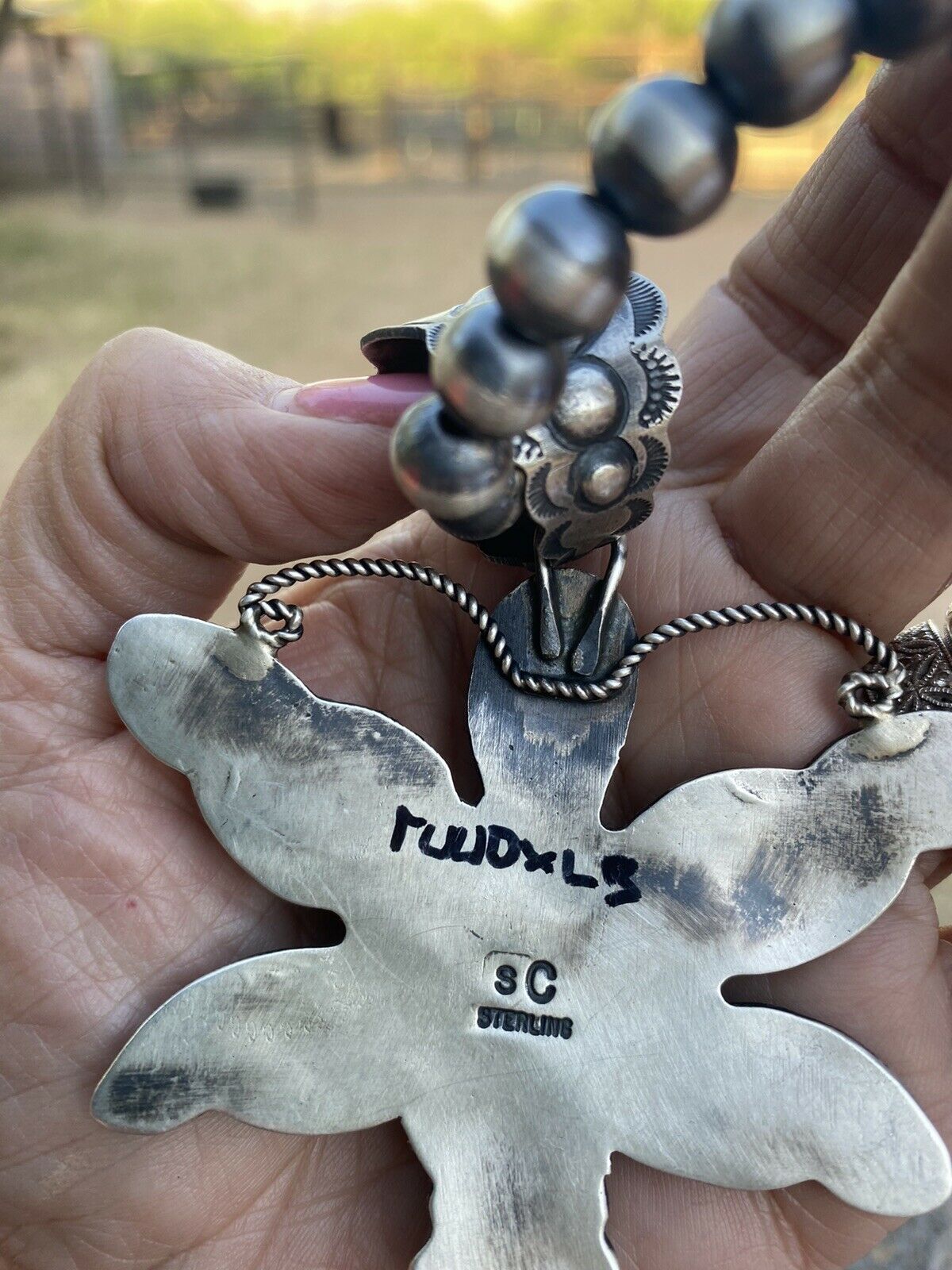 Handcrafted Shawn Cayatenito Sterling Silver Kingman Turquoise & Coral Dragonfly Pendant