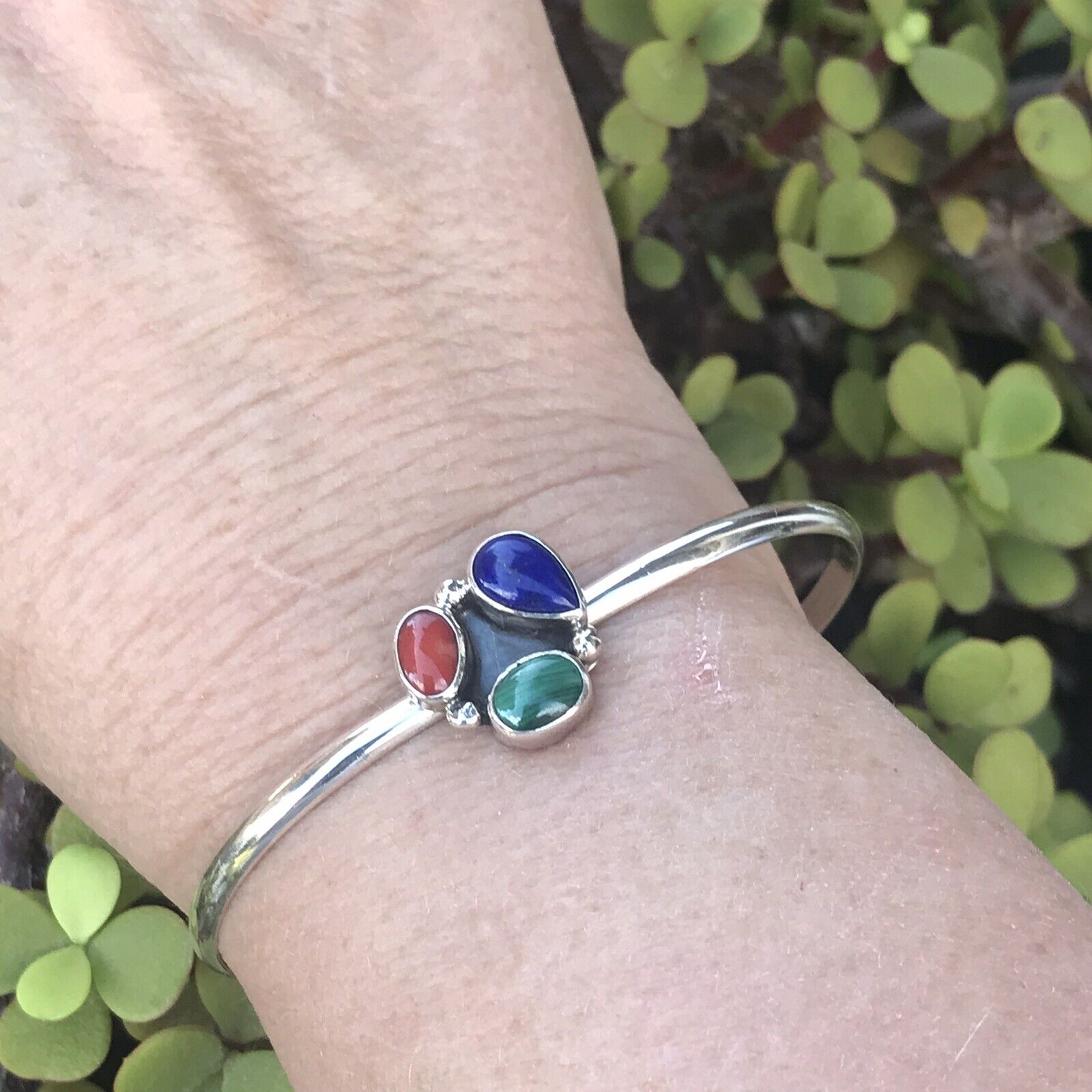 Handcrafted Multi Stone, Malachite Sterling Silver Bracelet Cuff Artist V. S