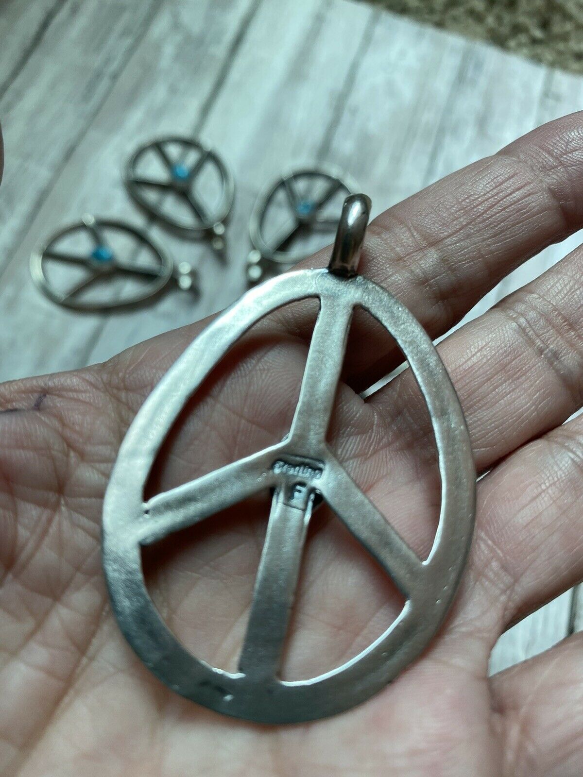 Handcrafted Sterling Silver & Kingman Turquoise Peace Sign Pendant Signed