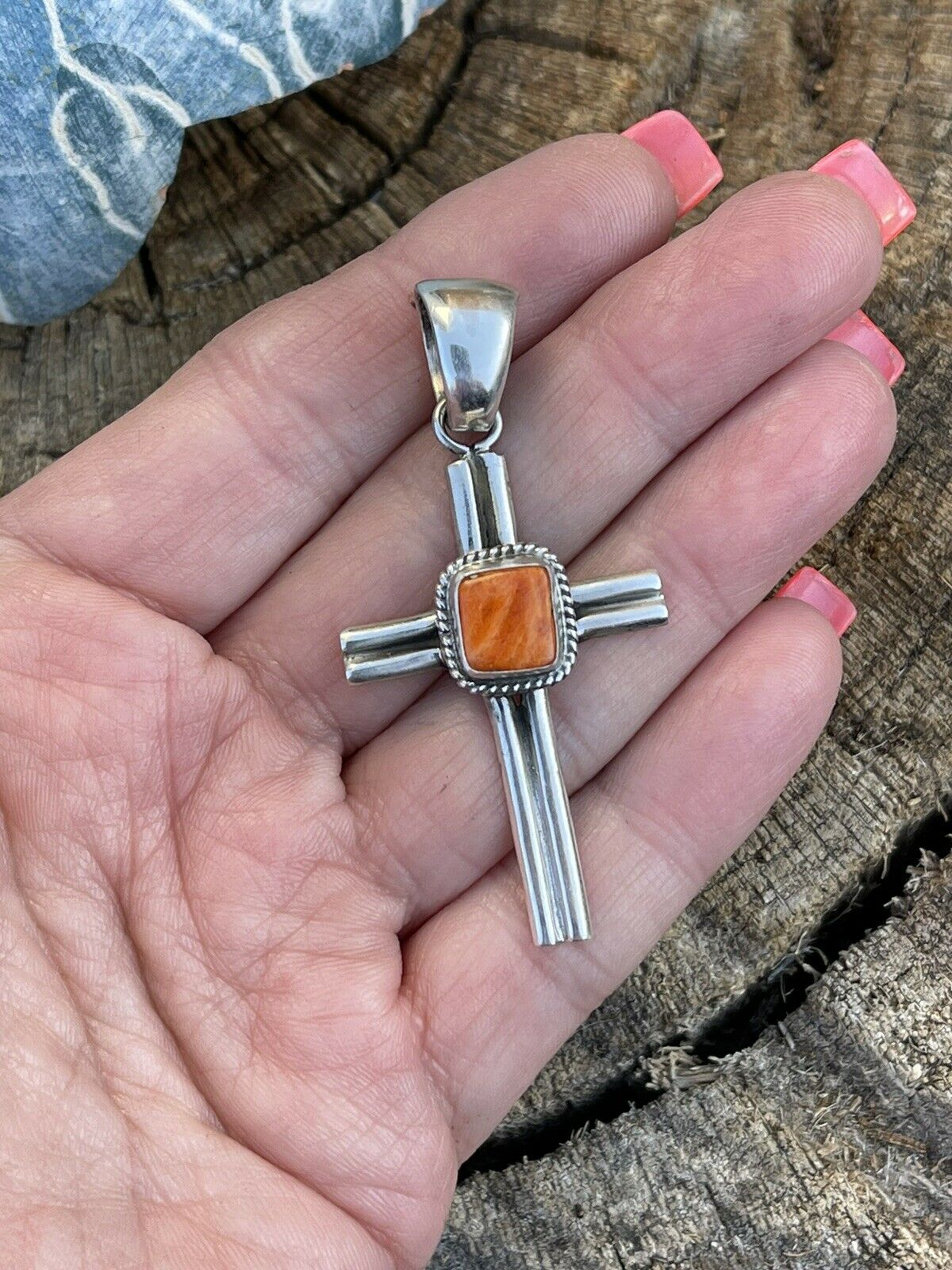 Handcrafted Sterling Silver & Orange Spiny Shell Cross Pendant Signed