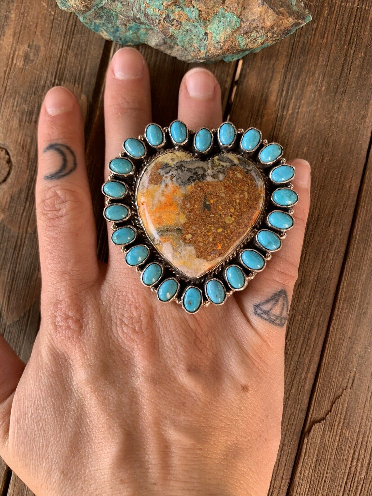 Handcrafted Sleeping Beauty Turquoise & Bumble Bee Cluster Heart Ring Size 6.25