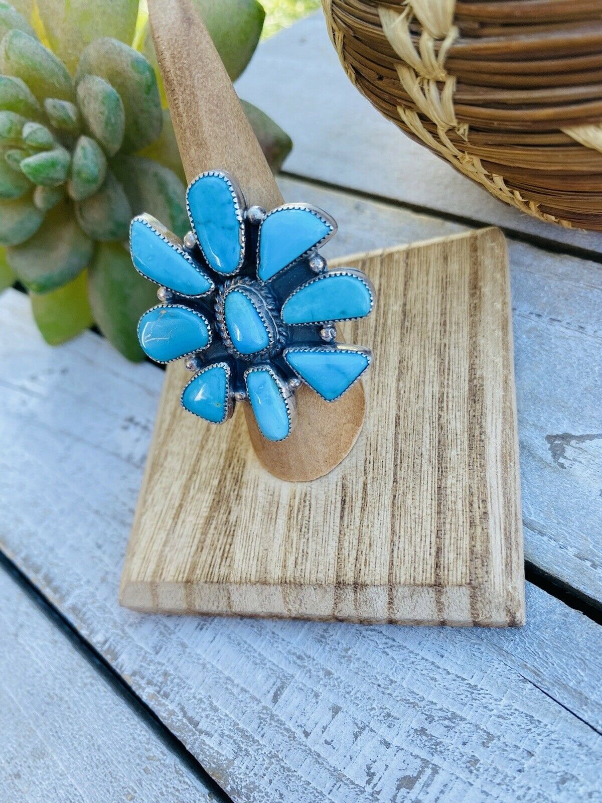 Handcrafted Turquoise & Sterling Silver Cluster Ring Size 7